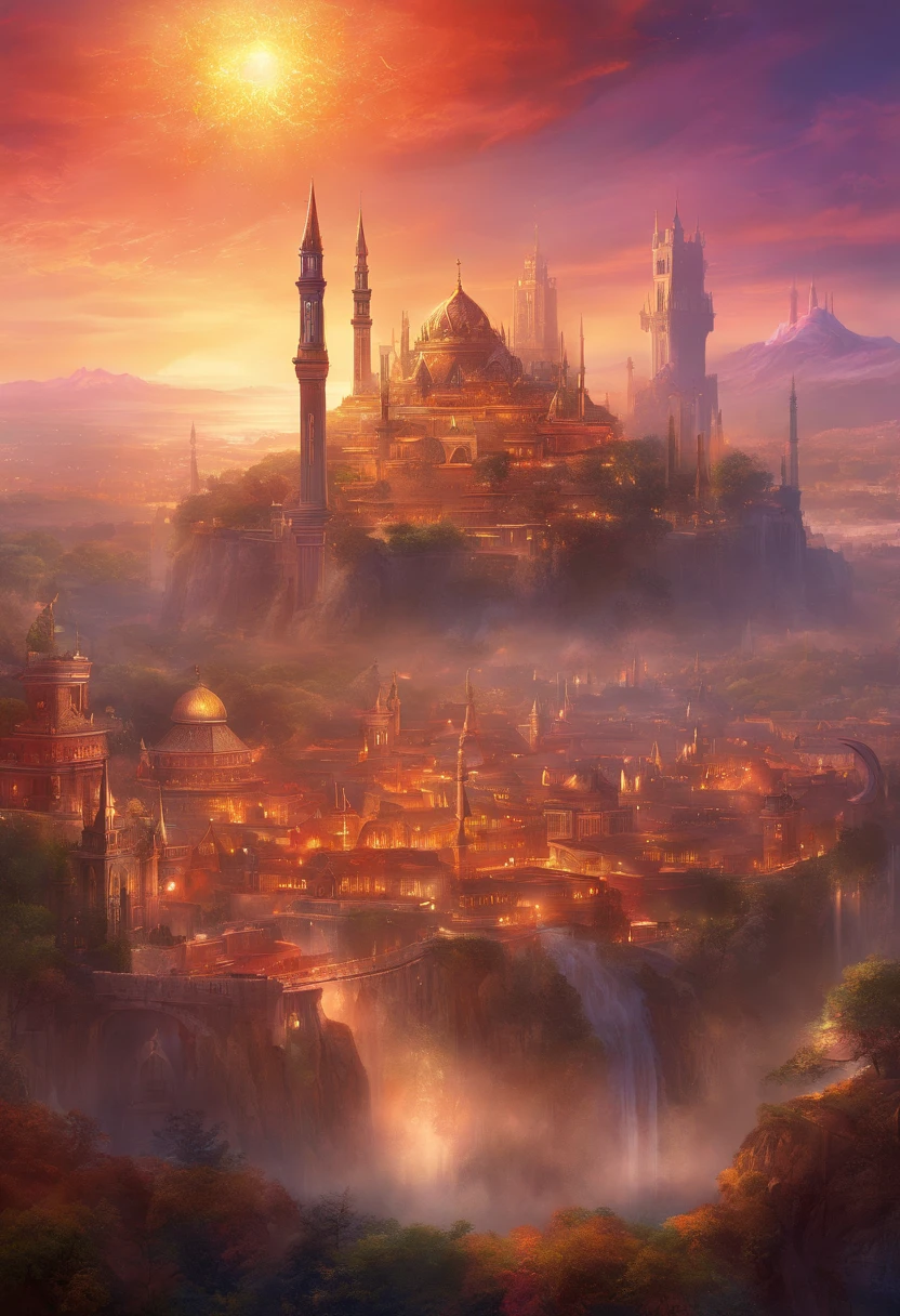 a skyline picture at dawn of a multi religious city, there are many buildings, standing above them are holy building to several places of religious worships, a (catholic church: 1.2), a (Mosque: 1.2), a (Synagogue: 1.2), sunrays, few light clouds, divine rays, sky in various shades of red, orange and purple, sense of divinity, ultra best realistic, best details, best quality, 16k, [ultra detailed], masterpiece, best quality, (extremely detailed), ultra wide shot, photorealism, depth of field, hyper realistic