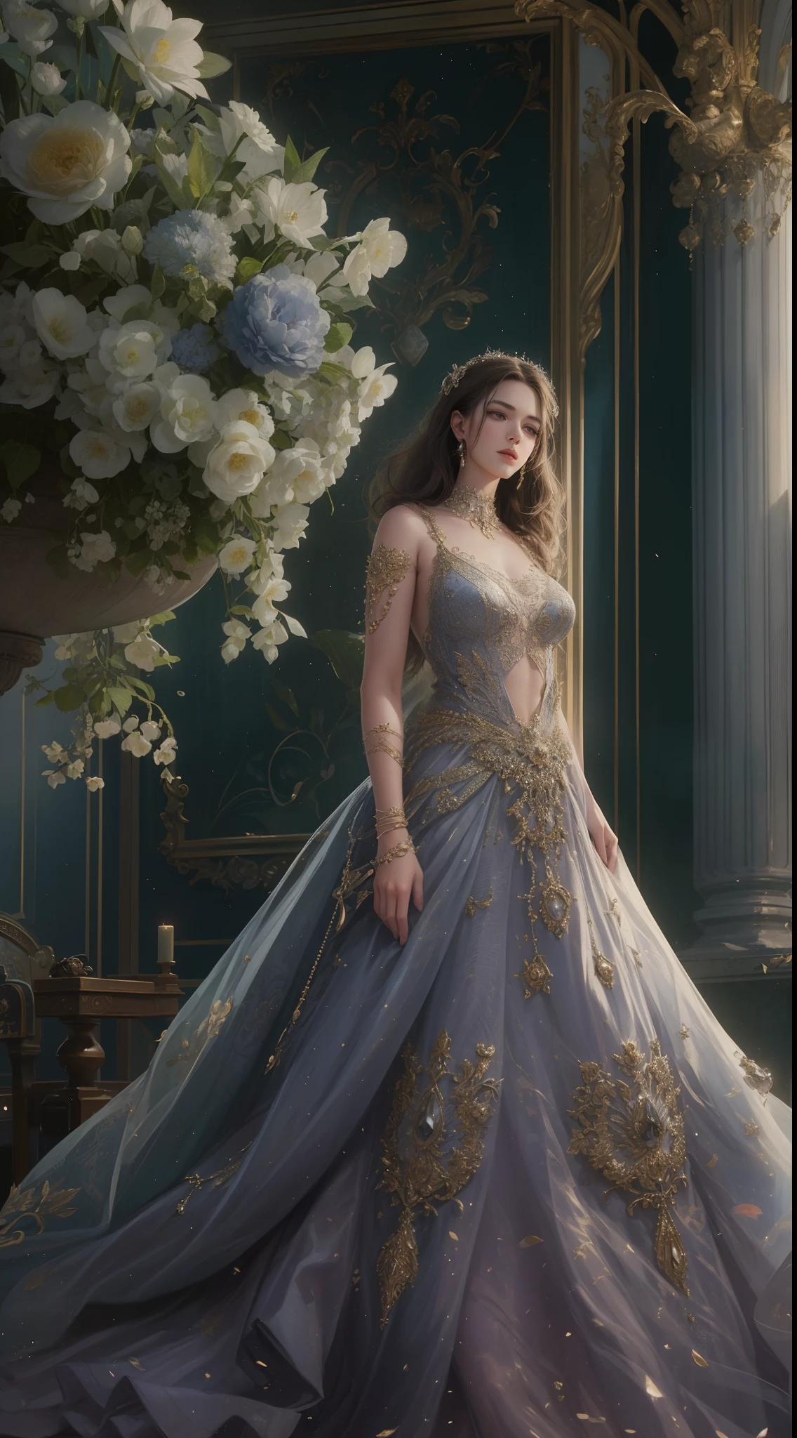 (Best quality,8K,A high resolution,Masterpiece:1.2),Ultra-detailed,(Realistic,Photorealistic,photo-realistic:1.37),Portrait,Creative style artwork,Historical,classical,Sophisticated,plethora of colors,Highly detailed,Soft lighting,luxurious environment,detailed gown,Vibrant flowers,detailed jewellery,Ethereal atmosphere,Elegant Pose,Graceful curves,Gold body proportions，Flowing hair,Breathtaking textile patterns,Harsh purple eyes,Delicate floral decoration,A dazzling array of crystal accessories,Mysterious and dreamy atmosphere,Impeccable attention to detail.