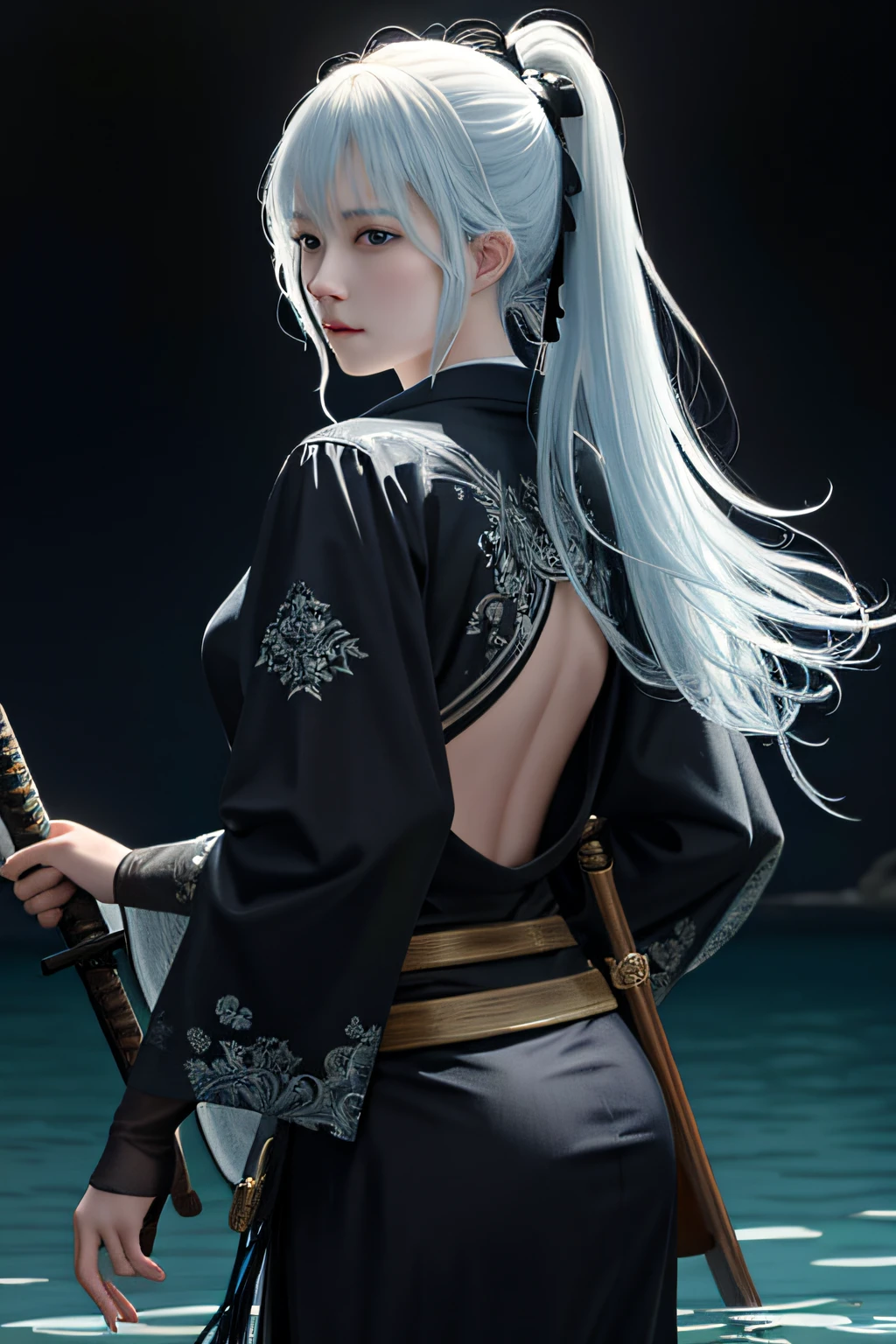 masterpiece, realistic, realism, photorealism, high contrast, photorealistic digital art trending on Artstation 8k HD high definition detailed realistic, 1girl,((water,water ring)), weapon, sword, solo, katana, holding, water, grey eyes, holding weapon, japanese clothes, holding sword, white hair, long hair, kimono, black hair, wide sleeves, long sleeves, lips, cowboy shot, black background, back, parted lips,art by artgerm and ruan jia and greg rutkowski surreal painting,detailed, skin texture, hyper-detailed, realistic skin texture,