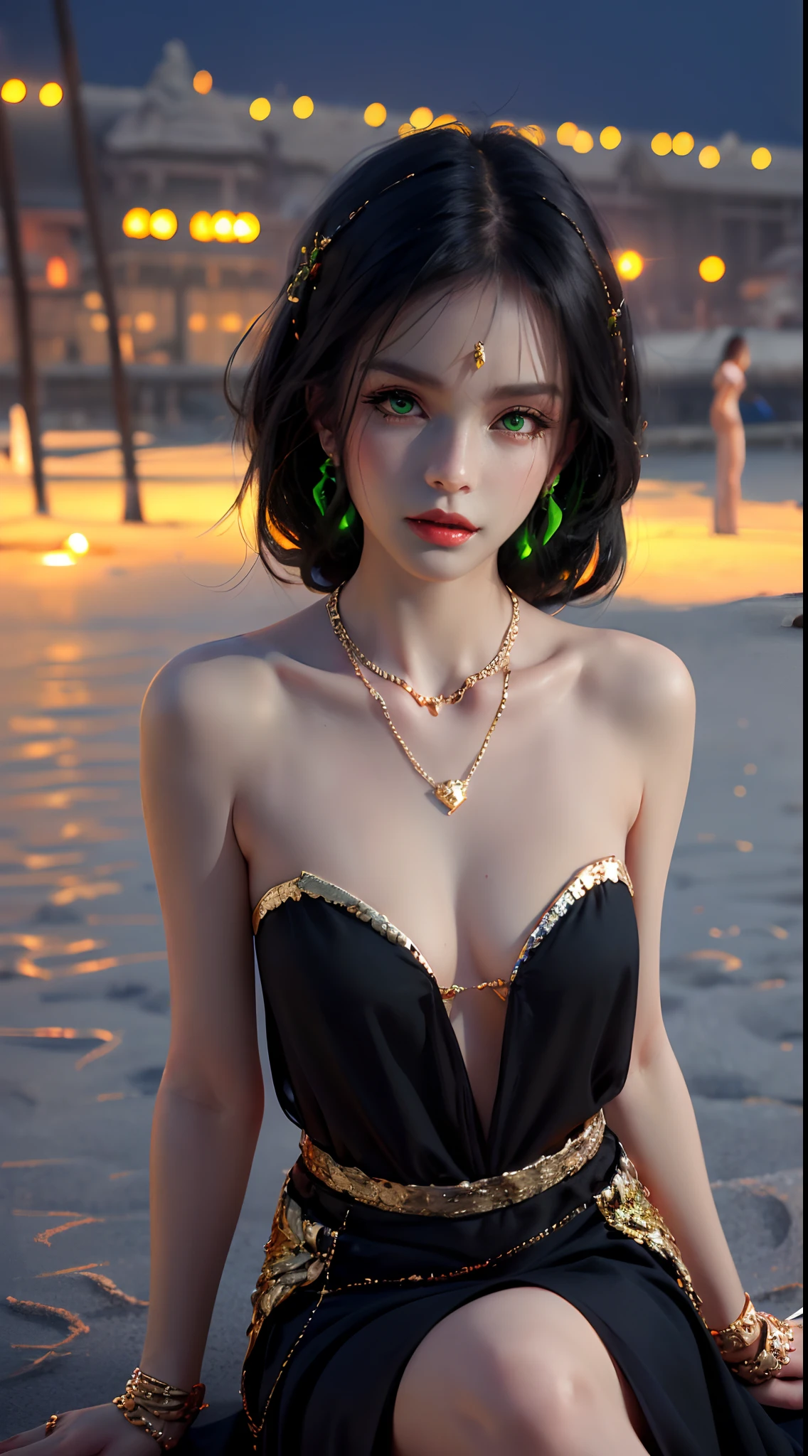 1 beautiful young princess, ((wearing a black armored dress with gold trim in ancient hanfu style:1.6)), (((Exquisite patterns on the skirt:1.6))), ((braided hair with long black bangs: 1.6)), ((long bangs:1.6)), ((hair jewelry:1.9)), ((upper body gold jewelry:1.9)), ((Very delicate gold necklaces:1.7)), ((earrings with emeralds:0.8)), noble, noble style of an extremely beautiful girl, super cute little face, very pretty face, fur thin eyebrows, flawless beautiful face, ((black eye pupils: 0.8)), very beautiful eyes, ((green eyes eyes: 1.6)), beautiful makeup and detailed hairdo, eyelashes, eye makeup wet, high nose, earrings, red lips, ((closed mouth: 1;5 )) beautiful lips, slim hands, ((arms spread out to the sides: 1.7)), rosy face, clean face, flawless beautiful face, smooth white skin, firm breasts, nice cleavage, ((super big and round breasts: 1.6)), beautiful breasts, perfect body, ((bent sitting position:1.6)), 8k photos, super high quality, super realistic, super 10x pixels, optical, bright studio, bright edges, two-tone lighting, (high detail skin:1.2), super 8k, soft lighting , high quality, volumetric light, optical, optical high resolution, light, best photo, 4k, 8k quality, blur effect, smooth sharpness, 10 x pixels, ((beach at night background:1.5)), aurora, lightning, super realistic graphics, most realistic graphics, alone, solo, Extremely sharp, surreal images, (((frontal portrait: 1.6)))."