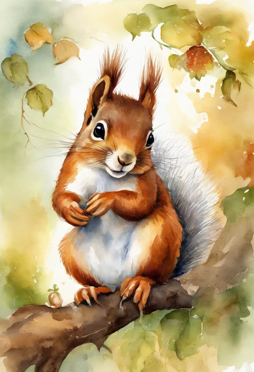 Image of a picture book、Cute squirrel  、Various angles, Illustrate a vivid and captivating scene that reflects the story's nostalgic and contemplative atmosphere. The focus should be on the squirrel and the small, playful squirrel that used to inhabit the lush vine. Pay attention to capturing emotions and details in your artwork.