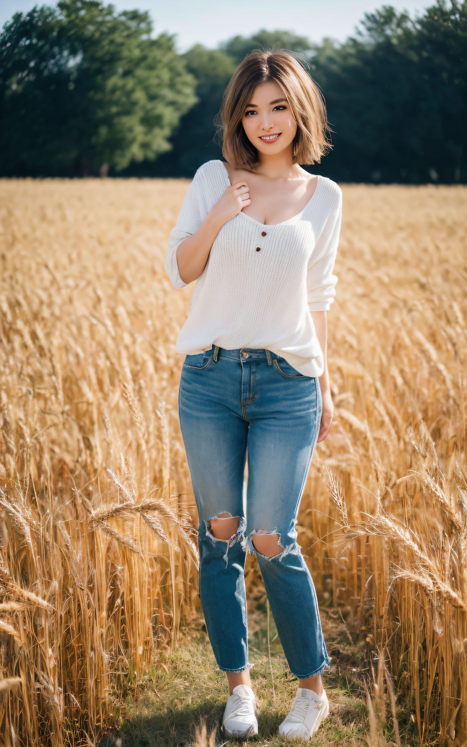 of the highest quality, Realistic, Perfect human body structure, Very detailed, Very delicate and beautiful, Raw photography, Rustic farm with rolling fields of golden wheat, Professional Lighting, Luminescent, depth of fields, Single focal length, ((Full body:1.5)), Smile, Brown hair, small head, Big breasts, , Beautiful eyes, Real Face, Realistic skin, Detailed eyes, (Fashionable hairstyle: 1.3), hposing Gravure Idol, Clothing appropriate for the location, absurderes、incredibly absurd res、Extremely fine,