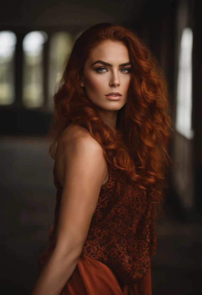 Mulher ruiva linda . serious face , pele branca , cabelo longo e lisos
