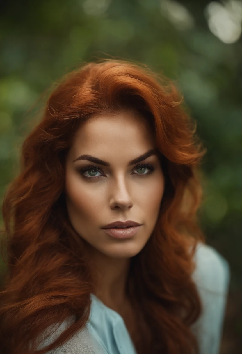 Mulher ruiva linda . serious face , pele branca , cabelo longo e lisos