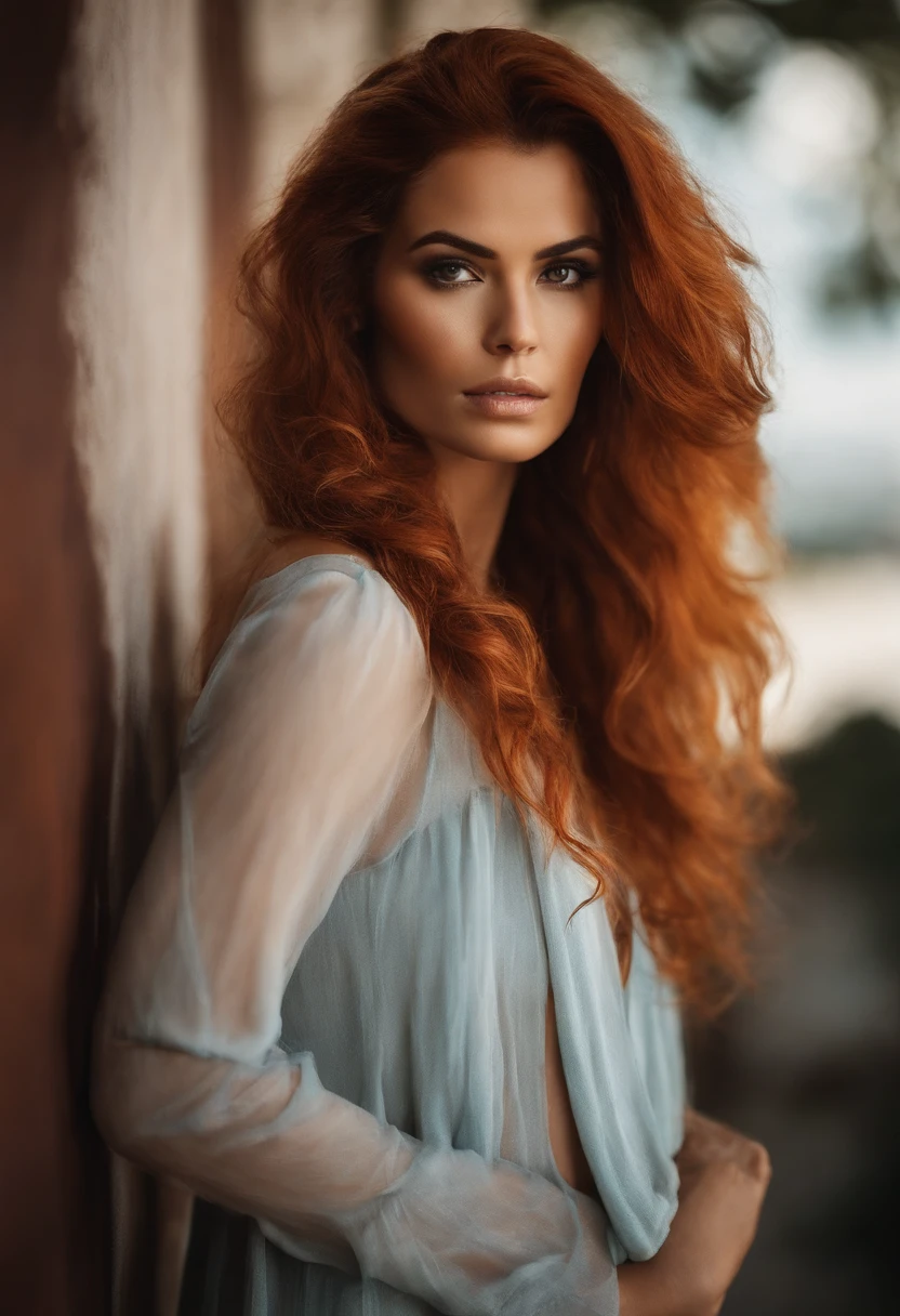 Mulher ruiva linda . serious face , pele branca , cabelo longo e lisos