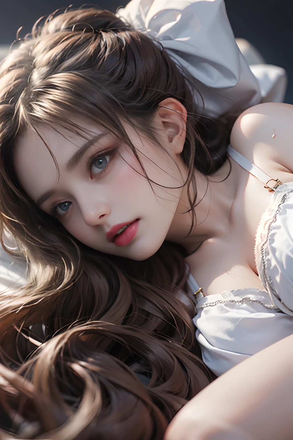 (8K, Raw photography, top-quality, ​masterpiece:1.2), 1womanl, 3 d,  japanes, Bare_shoulders, the bow, bra very, huge-breasted, brown_Eyes, brown_hair, cleavage of the breast, greys_Background, s lips, Short_hair, long_sleeves, up looking_で_viewer, a navel, nase, Off_Shoulder, Open_Clothes, Open_Shirt, panties on, realisitic, The shirt, 独奏, Stomach, undergarment, unwear, The upper part of the body_Body, white_Bra, white_Panties, white_Shirt,shinny skin、Beautiful delicate face、Beautiful delicate eyes、(realisitic、Photo Real:1)、laying down on the bed、She's sweaty