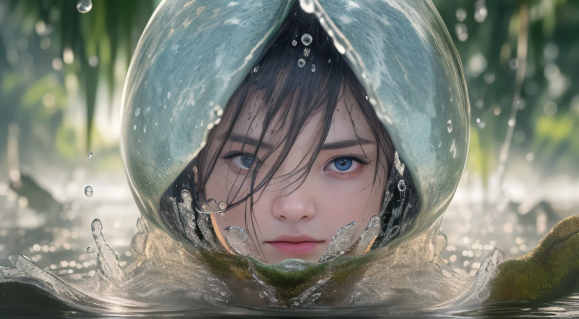 Giant blister 8K Ultra HD,author：Alessio Albi, Depth of field for water drop particles,Detailed rest periods for young girls，Her face is centered in the frame, The beauty on her face was obscured by a large pile of water droplets of various sizes around her。, As if she was going to drown in it, Between contrasts, Youth,chaos,Blisters around, Thought-provoking composition,(Detailed environment,intricate environment_Occlusion, Detailed)Giant water droplets