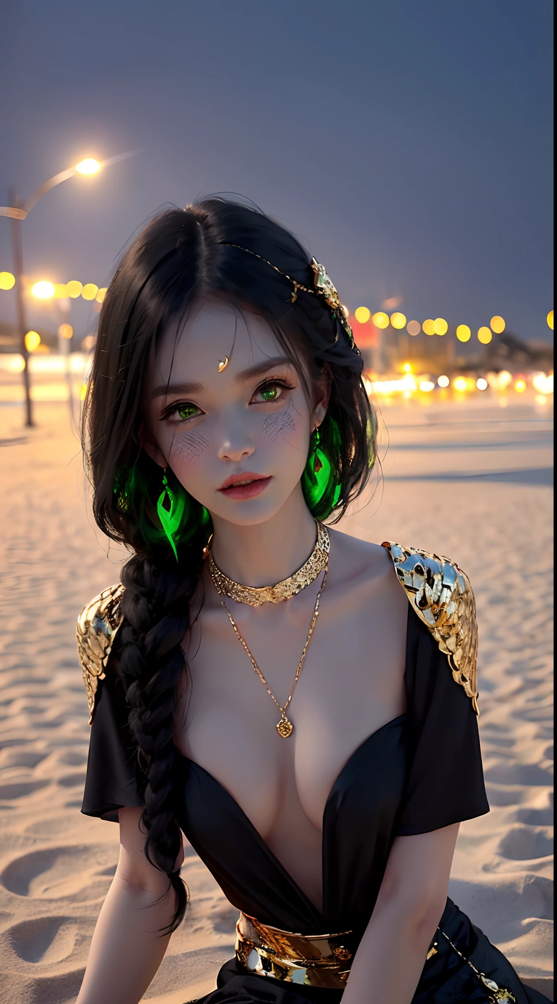 1 beautiful young princess, ((wearing a black armored dress with gold trim in ancient hanfu style:1.6)), (((Exquisite patterns on the skirt:1.6))), ((braided hair with long black bangs: 1.6)), ((long bangs:1.6)), ((hair jewelry:1.9)), ((upper body gold jewelry:1.9)), ((Very delicate gold necklaces:1.7)), ((earrings with emeralds:0.8)), noble, noble style of an extremely beautiful girl, super cute little face, very pretty face, fur thin eyebrows, flawless beautiful face, ((black eye pupils: 0.8)), very beautiful eyes, ((green eyes eyes: 1.6)), beautiful makeup and detailed hairdo, eyelashes, eye makeup wet, high nose, earrings, red lips, ((closed mouth: 1;5 )) beautiful lips, slim hands, ((arms spread out to the sides: 1.7)), rosy face, clean face, flawless beautiful face, smooth white skin, firm breasts, nice cleavage, ((super big and round breasts: 1.6)), beautiful breasts, perfect body, ((bent sitting position:1.6)), 8k photos, super high quality, super realistic, super 10x pixels, optical, bright studio, bright edges, two-tone lighting, (high detail skin:1.2), super 8k, soft lighting , high quality, volumetric light, optical, optical high resolution, light, best photo, 4k, 8k quality, blur effect, smooth sharpness, 10 x pixels, ((beach at night background:1.5)), aurora, lightning, super realistic graphics, most realistic graphics, alone, solo, Extremely sharp, surreal images, (((frontal portrait: 1.6)))."