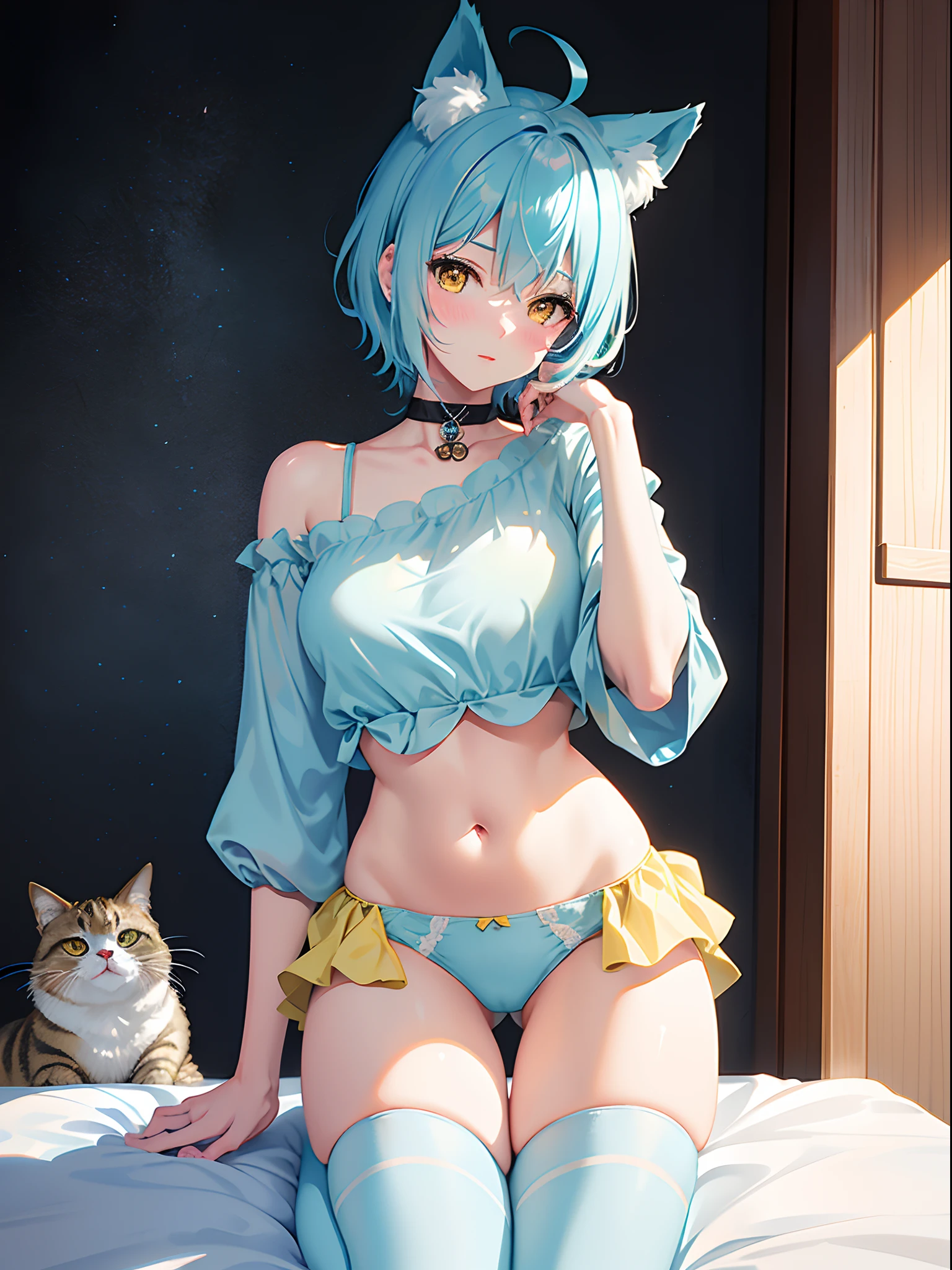 ((4K,masutepiece,Best Quality)),an extremely cute and beautiful girl with cat ears,Beautiful light blue short hair,bangs pinned back,Ahoge,Colored inner hair,Highly detailed beautiful face and yellow eyes,Cute,blush Underwear visible, Sheer shirt