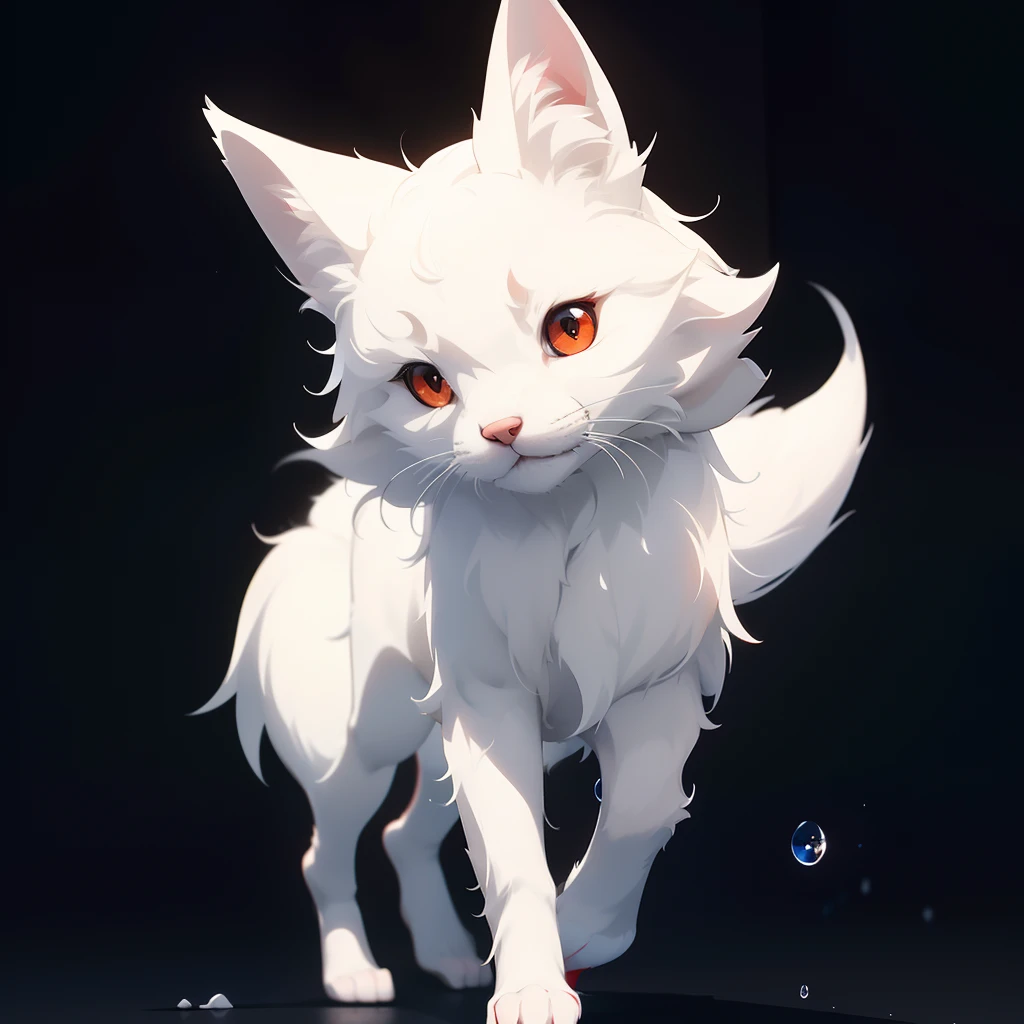 (best quality,ultra-detailed),((anime style)),(vivid colors:1.1),(bokeh:1.1),artistic,carefully drawn,soft texture,striking contrast,elegant posture,delicate features,adorable expression,charming gaze,playful demeanor,endearing,mesmerizing,subtle shadowing,subdued lighting,attention to detail,highly defined whiskers,sleek and smooth fur,pure color palette,glossy finish,simple composition,sublime simplicity,depth and dimension,exquisite beauty,emotive and captivating,A cute small white fox in the black background,(red eyes,small,white fur,full body),walking