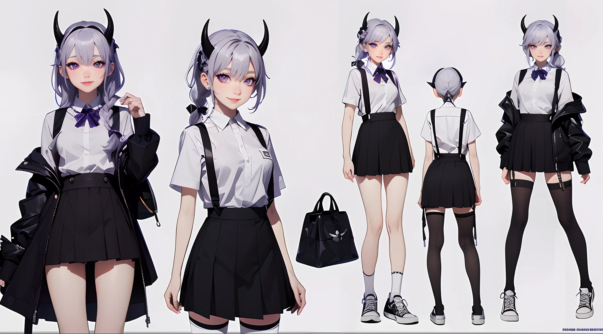 (Masterpiece, best quality), detailed, character sheet, many items (the same person, black school short shirt, black school skirt, suspenders, horizontal striped long stockings, white sneakers, many parts), daemon, detailed beautiful purple eyes, detailed face, white hair and white skin, braided ponytail, demon horns, full of details.