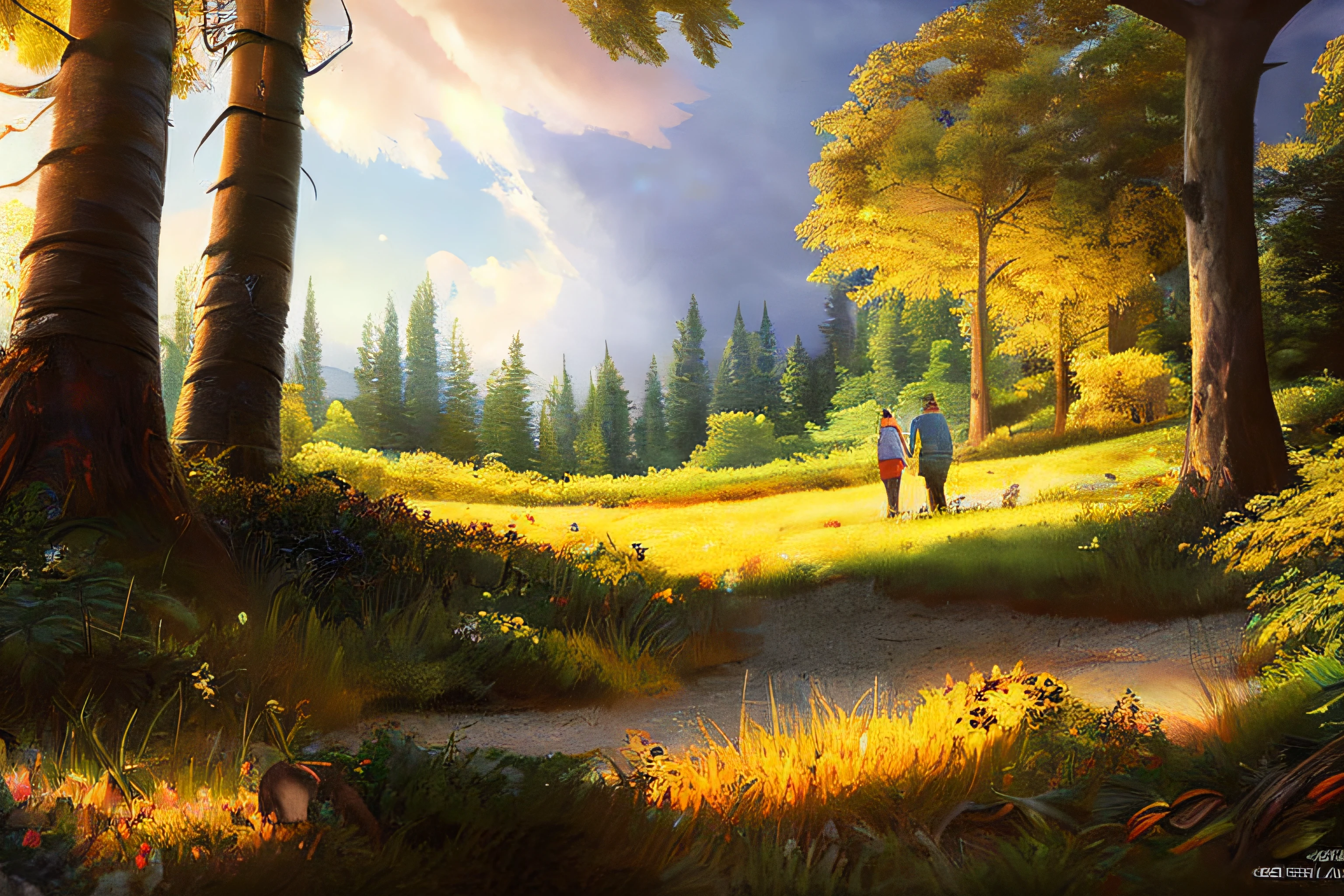 scene of a clouds, 3 people, bustling forest, great big storm, sunlight, glow, scenery concept art, overgrowth. by Renoir , relaxing concept art, traditional classic concept art, a beautiful artwork illustration. high detail, background art, detailed concept art, environment design illustration, concept art highly detailed