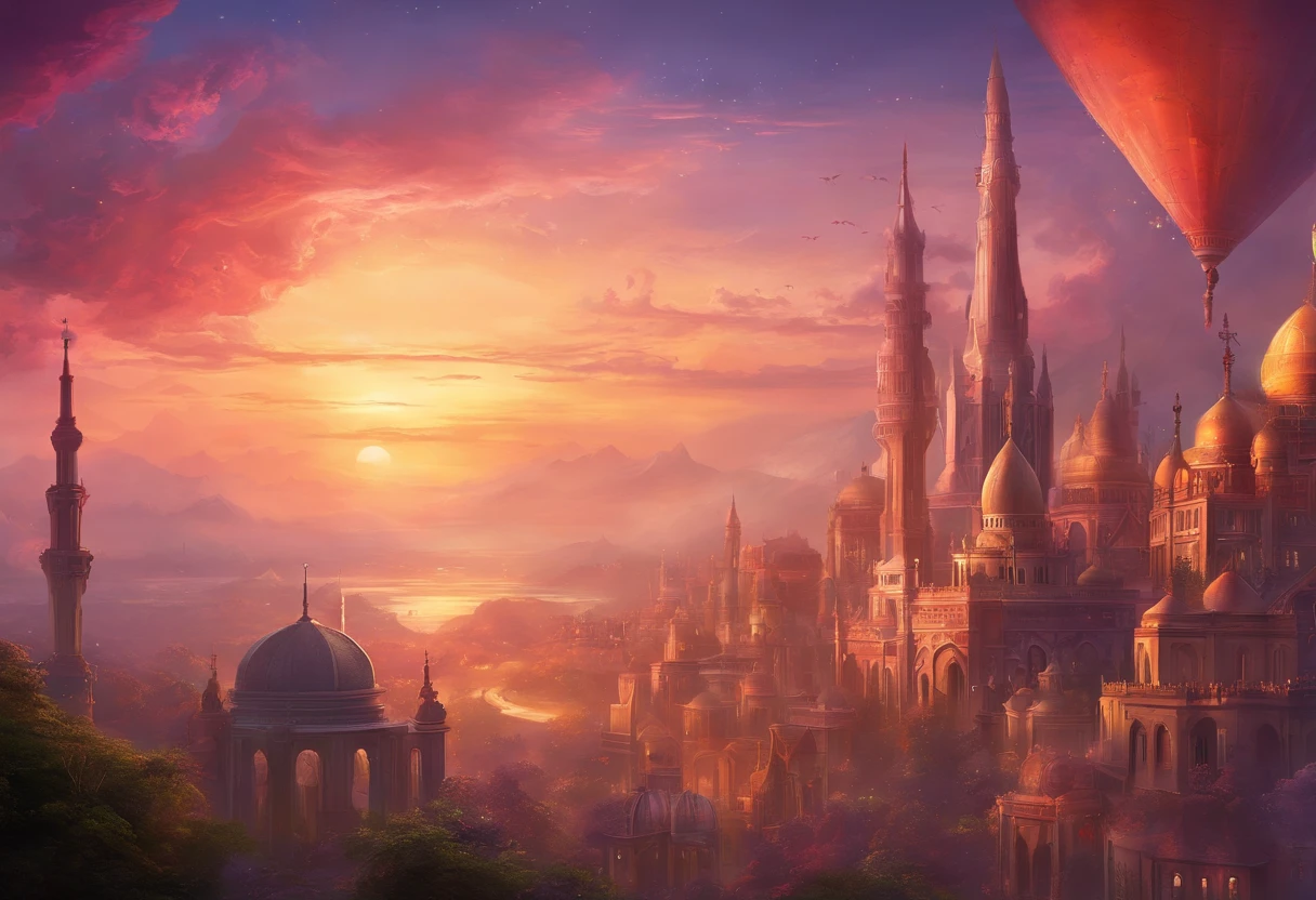 a skyline picture at dawn of a multi religious city, there are many buildings, standing above them are holy building to several places of religious worships, a (catholic church: 1.2), a (Mosque: 1.2), a (Synagogue: 1.2), sunrays, few light clouds, divine rays, sky in various shades of red, orange and purple, sense of divinity, ultra best realistic, best details, best quality, 16k, [ultra detailed], masterpiece, best quality, (extremely detailed), ultra wide shot, photorealism, depth of field, hyper realistic