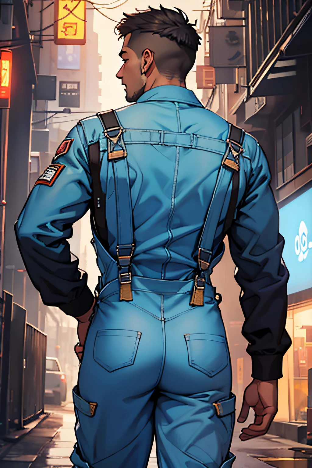 Man showing ass with scifi back outfit exploration overalls