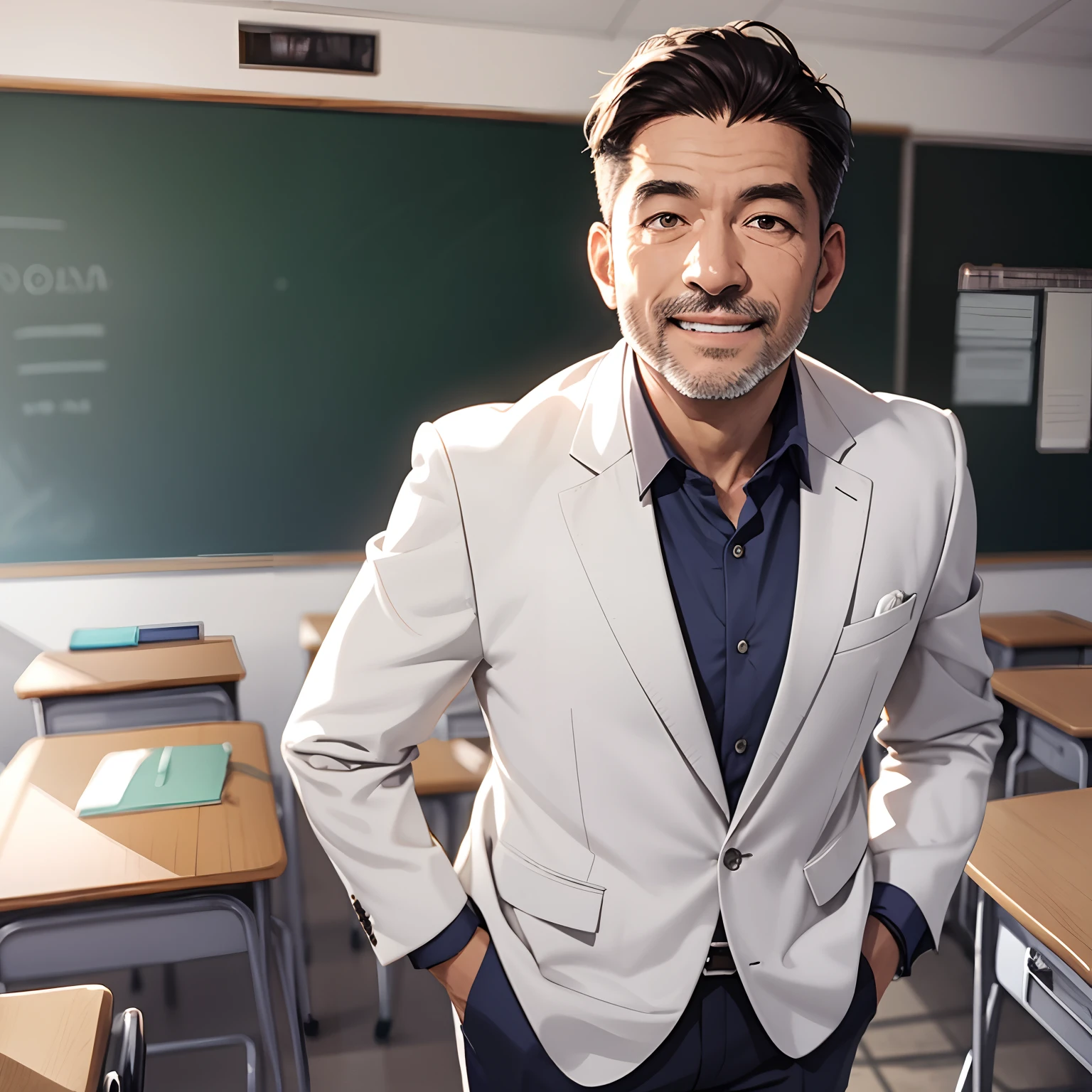 Ridiculous resolution，high resolutions，（master-piece：1.4），ultra-details，Middle-aged male teacher，White suit，classroom，Happy expression，tuition,full body picture,