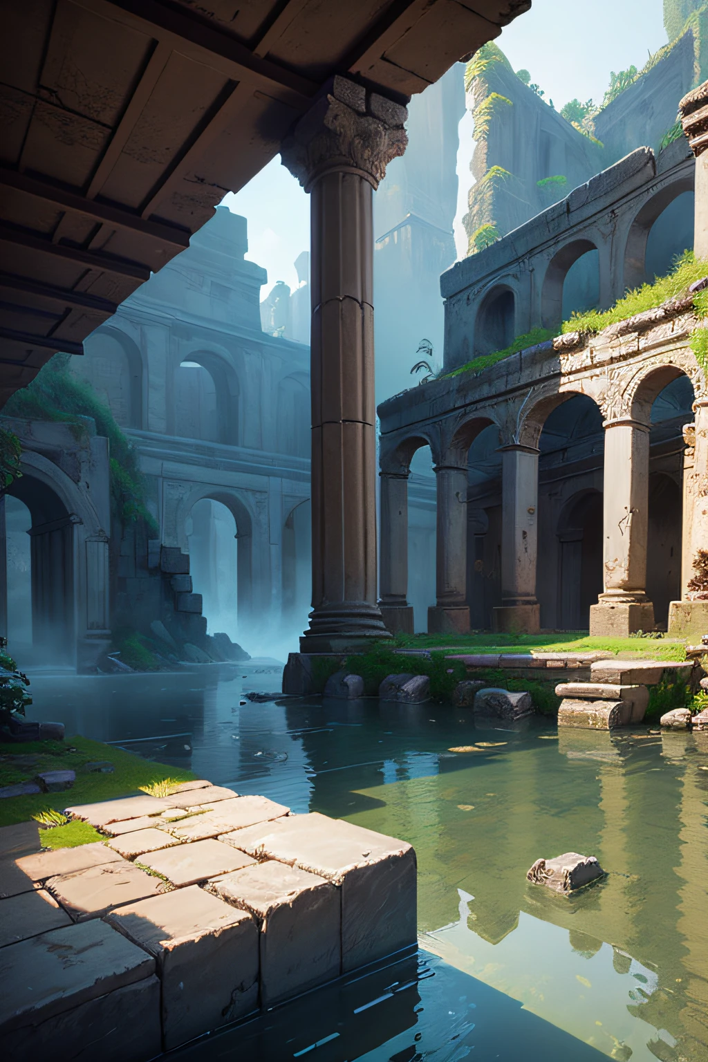 An ancient pictogram with the meaning of "water" on the wall of a ruined pagan temple. Pixel art 64bit, intricate storytelling, breathtaking, inspiring