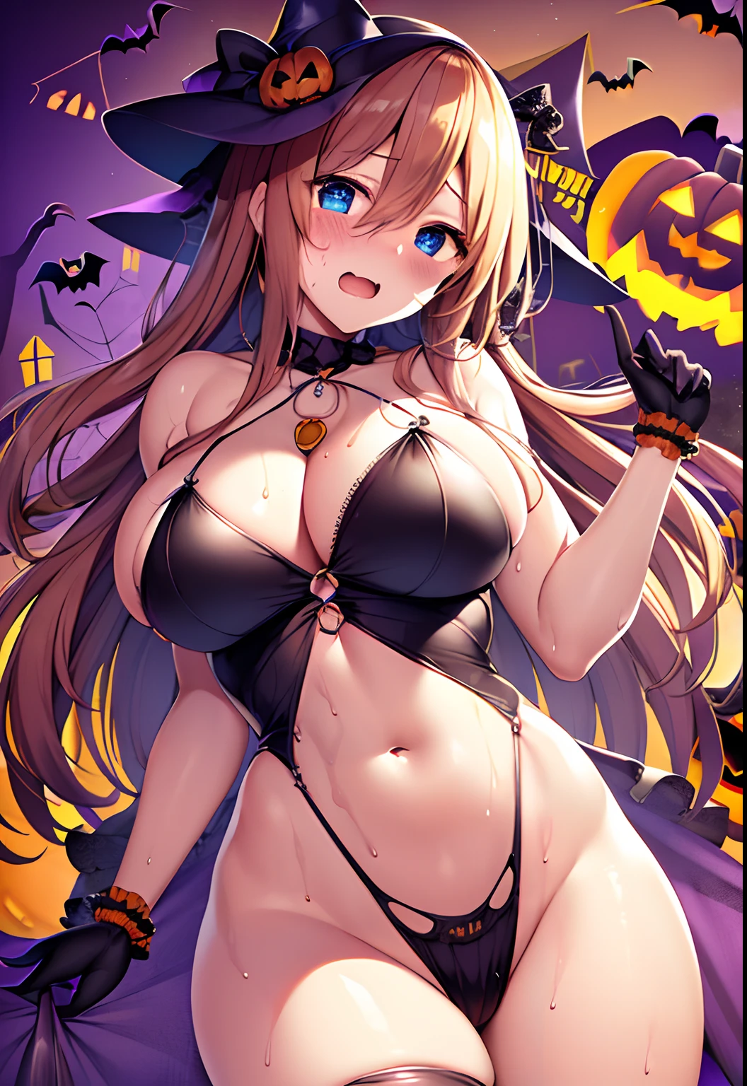 top-quality、Highly detailed anime super detail、​masterpiece、tre anatomically correct、Detailed hand、(Mother 1.6)、8K、I love my tides、sexual excitement、Upper line、huge-breasted、thighs thighs thighs thighs、cold sweat、Sweat profusely、Friendly face、Stuffiness、Foreplay、(Halloween Clothing:1.6)、Moisturizing skin、(Drenched body:1.3)、Detail Eye、NSFW、erotick、Glossy lotion on the head、oppressive、Best Necklaces、cum on、Stuffiness、Lustrous hair、Throwing kisses、Wink、hair on the crotch、Halloween Backgrounds、 Vibe insertion、masturbation、Streaks in the crotch、Frontal view、full-body view