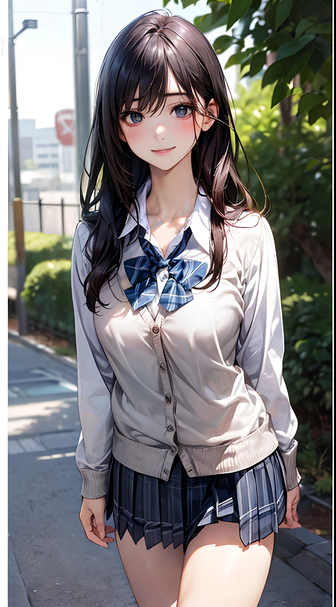 (masterpiece, best quality:1.2), cowboy shot, solo, 1girl, oribe tsubasa, smile, closed mouth, looking at viewer, arms behind back, hairclip, hair ornament, school uniform, red bow, red plaid skirt