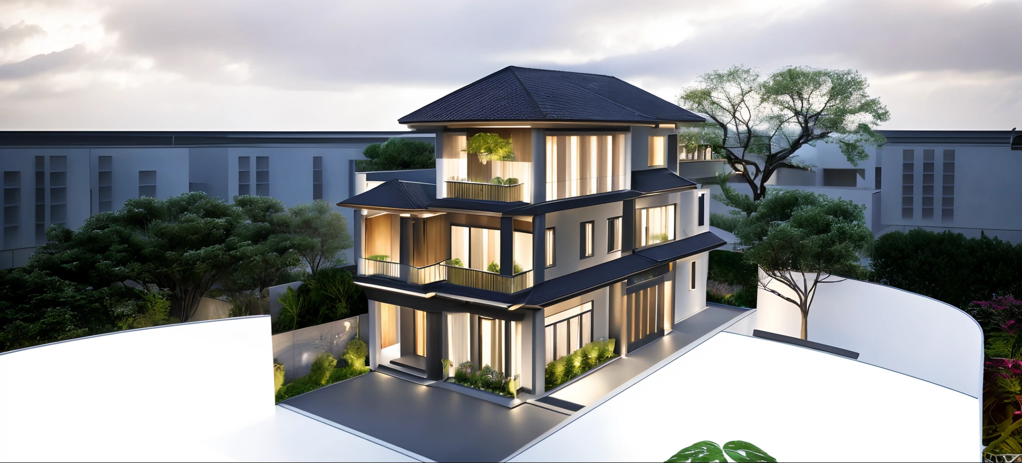 a view of a modern home with a large front yard, main material by white wall and stone and wood,  1 road runs in front of the house,  (RAW photo, real, best quality, masterpiece:1.2), look morden minimalist, 1 road in front of the house, shime ring light, light brighteness from indoor:1.2, dynamic lighting:1.3, (hyper realistic, photo-realistic:1.2), high quality, day lighht, hight contrast :0.5 perfect lighting, archdaily,  award winning contemporary, contemporary masterpiece, well-designed masterpiece, large modern residence, neotraditional modern, wide angle exterior 2022, midcentury modern, contemporary house, hip modern vibe, a long-shot from front, award winning modern design, stunning lines, residential, subtle detailing