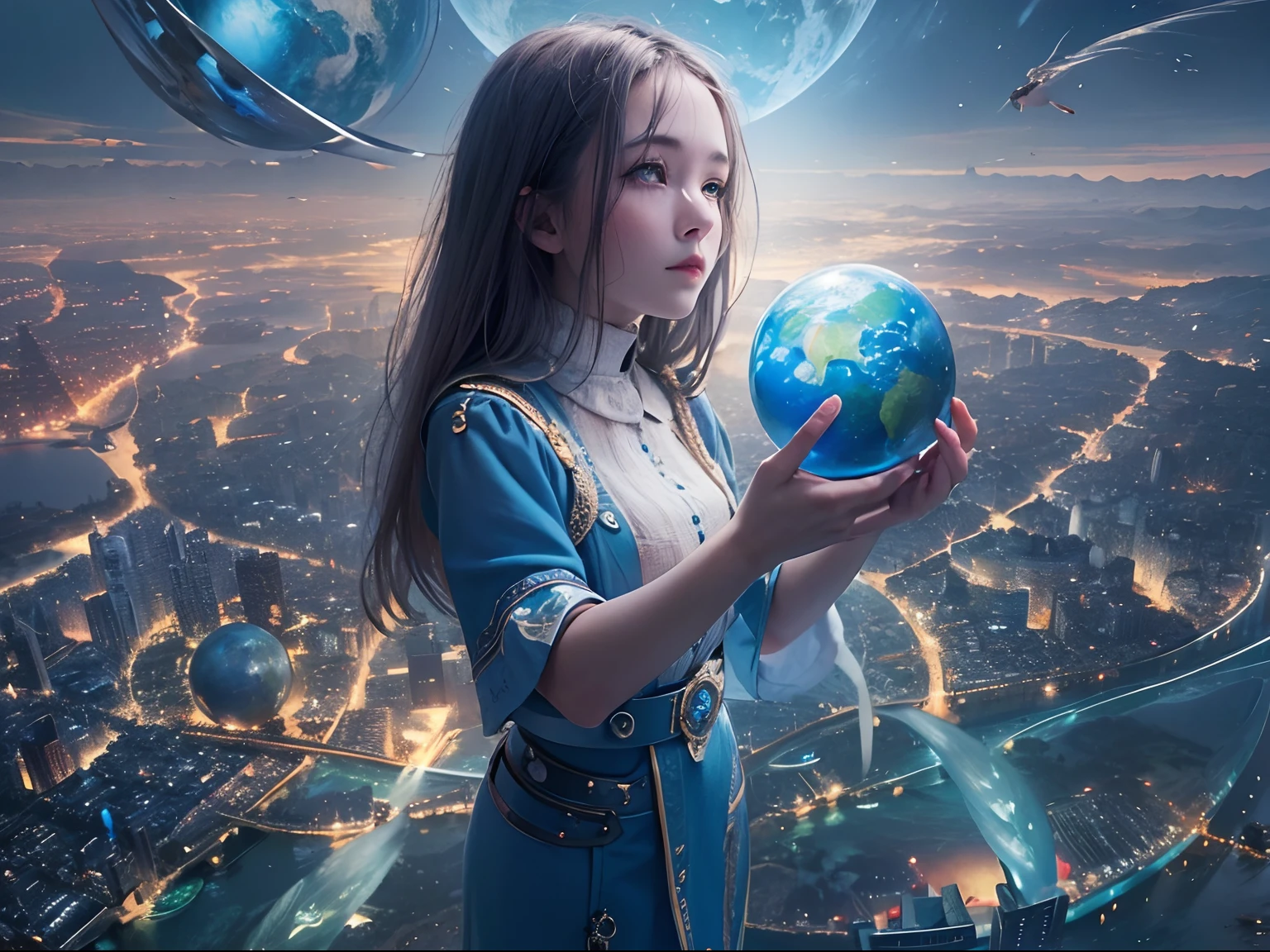 1 20 yo girl, Holding the blue planet in hand, Being in the air, Bird's eye view, sci fi city, There is glare,