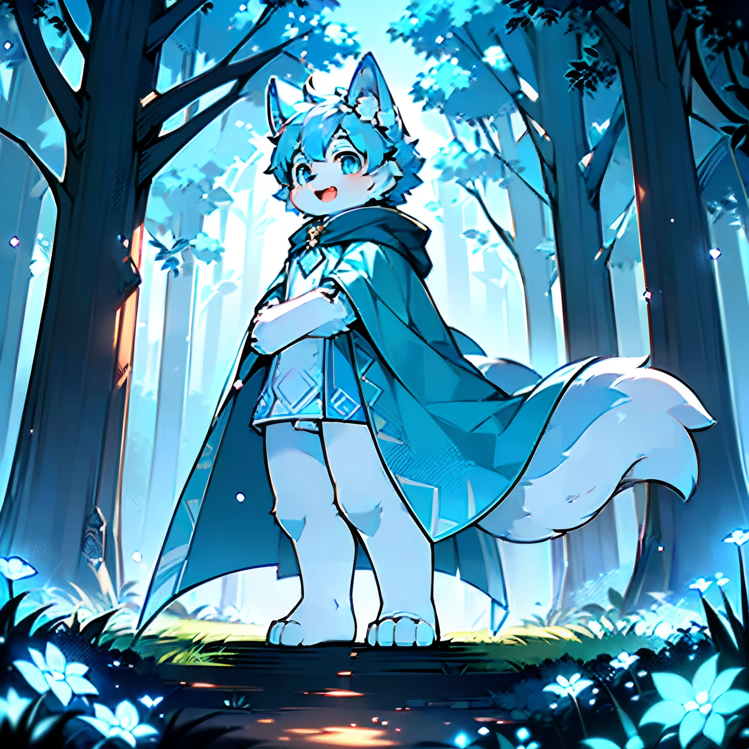 Anthropomorphic standing furry little wolf，adolable, Light：Extreme light and shadow,(anthr(Full Body Furry,Head bust close-up， Pale blue hair,Large pale blue ears，Big blue eyes，The mouth is slightly larger，White fur，Reddish skin ，Sky blue eyes, Pale blue hair:1.2), (long canines、Thick blue cloak，White fur trims：1.2），（the night、lawns)) ，((Deep in the dark forest at night，glowworm，独奏，solo person))，((the detail))，（depth of fields)，（Sell moe），(standing on your feet))