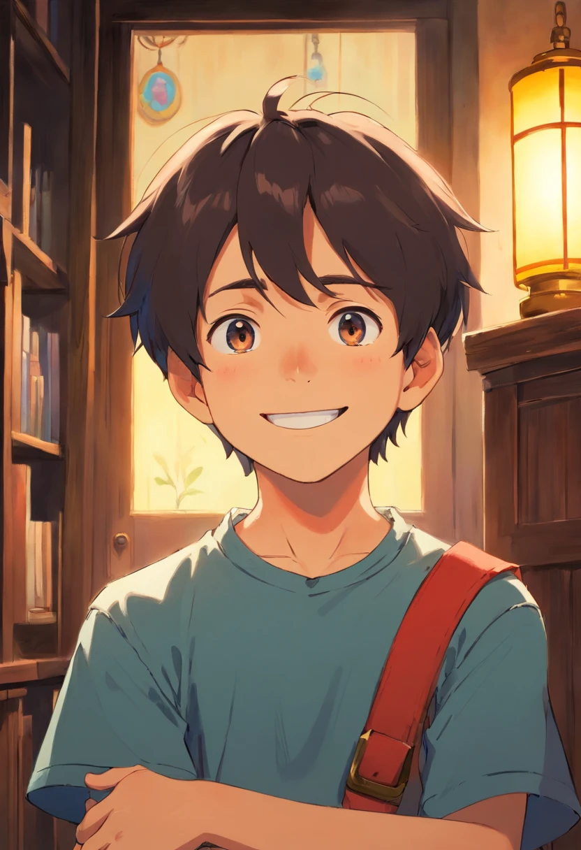 Anime Collar Boy,a smile, colorful animation stills, In a quiet room, A dark-haired, paul gauguin, Parker Cap Style, Honest portrayal,rightward