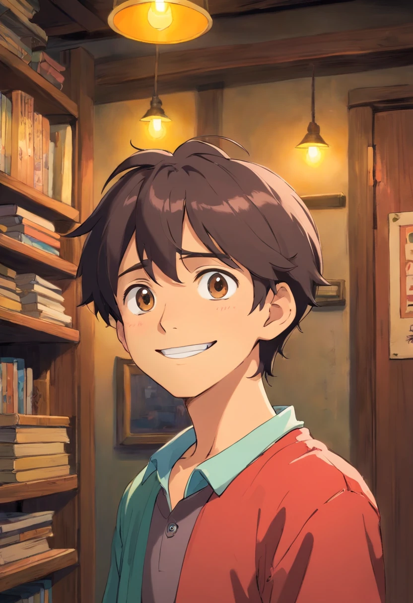 Anime Collar Boy,a smile, colorful animation stills, In a quiet room, A dark-haired, paul gauguin, Parker Cap Style, Honest portrayal,rightward