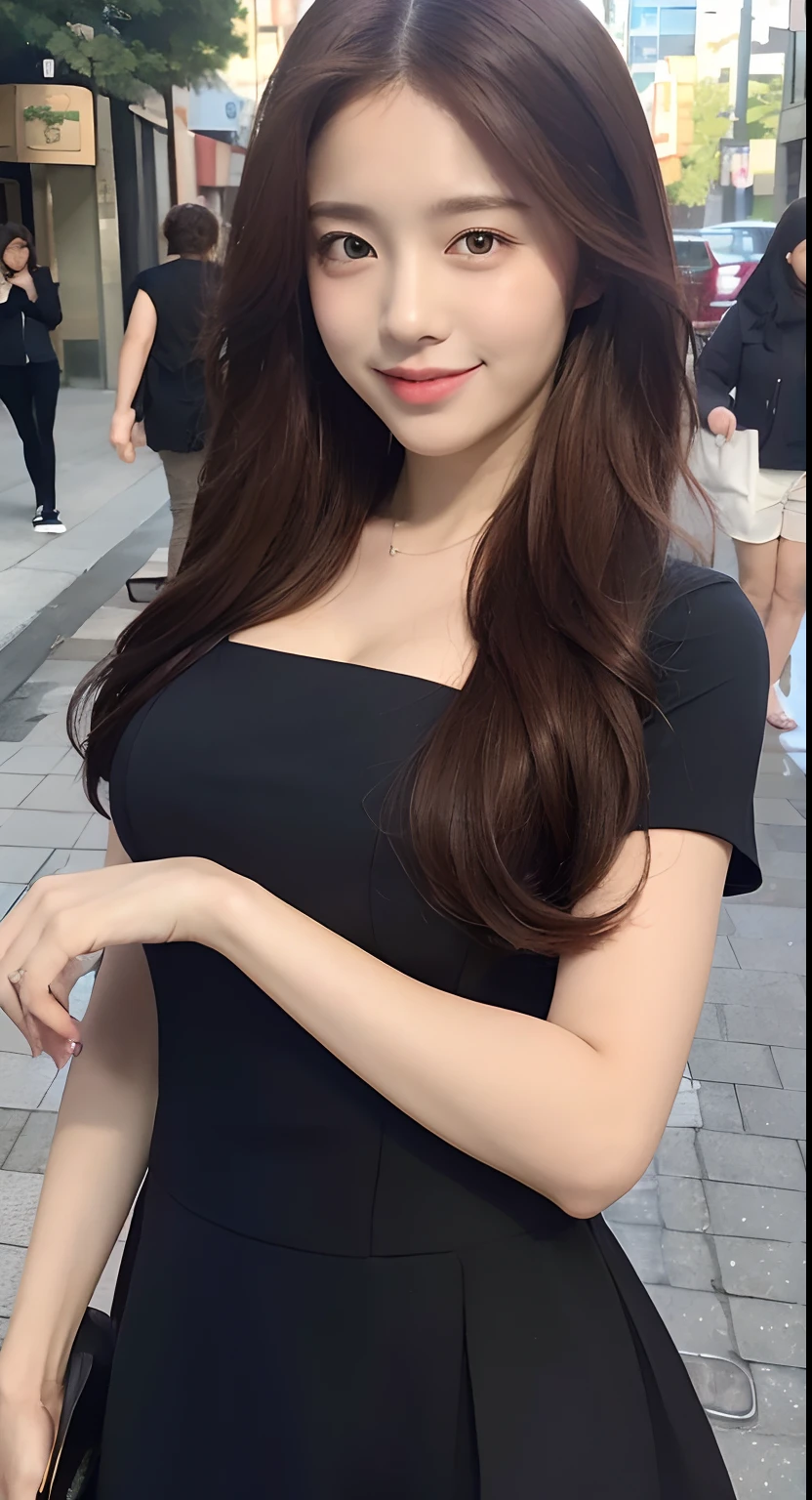(1 Korean star with royal sister style), ((Best quality, 8K, 巨作: 1.3)), focal point: 1.2, Perfect body proportions: 1.4, (Make a smile), (Sunset: 1.3), Watery eyes, Highly Detailed Face and Skin Textur, Fine eyes, Double eyelids, Whitens the skin, (long whitr hair, Air bangs: 1.3), (Round face inches: 1.5), (Black dress black stockings 1.4), Long legs(Sketch 1:2,) (standing on a playground,baiyun,suns,The scenery is exceptionally beautiful)in a panoramic view