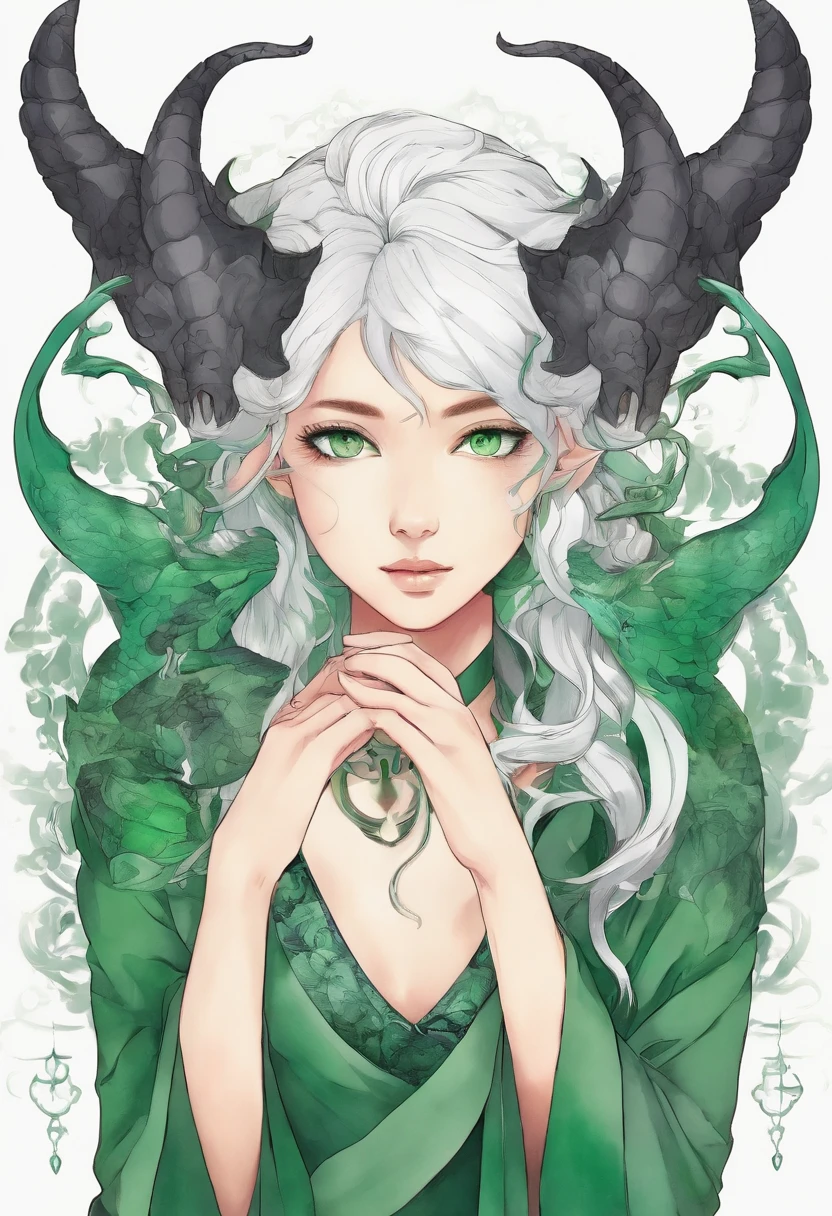 hand drawn sketch illustration of a beautiful tiefling with white hair, green eyes, symmetrical dragon horns, illustration, watercolor sketch, (best quality)), intricate detailed,