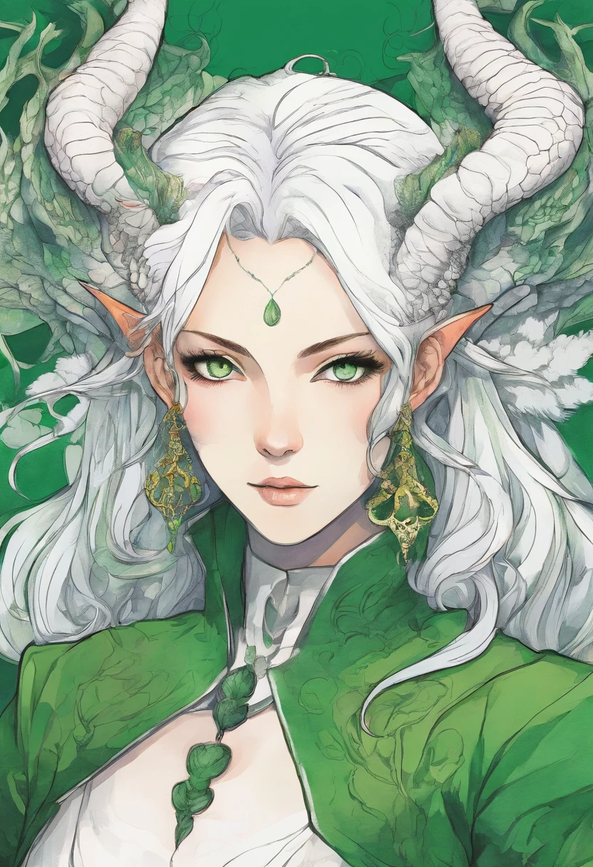 hand drawn sketch illustration of a beautiful tiefling with white hair, green eyes, symmetrical dragon horns, illustration, watercolor sketch, (best quality)), intricate detailed,