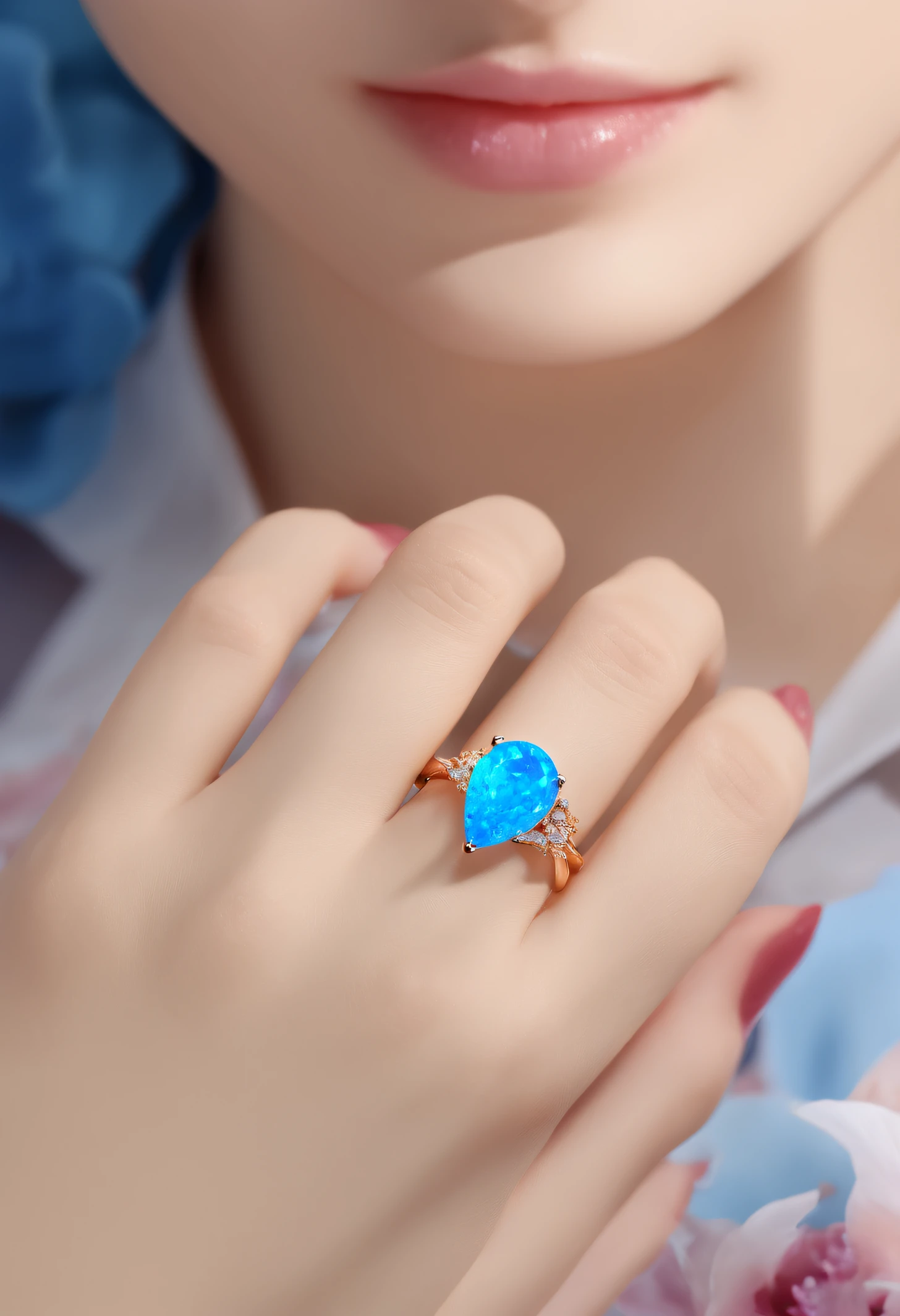[Blue opal ring]
gyuru, Blue, Drop shape, [Cashew shape]，Flawless appearance, Top jewelry, luxury goods, A prestigious endorsement, 8K HD, Camera shot