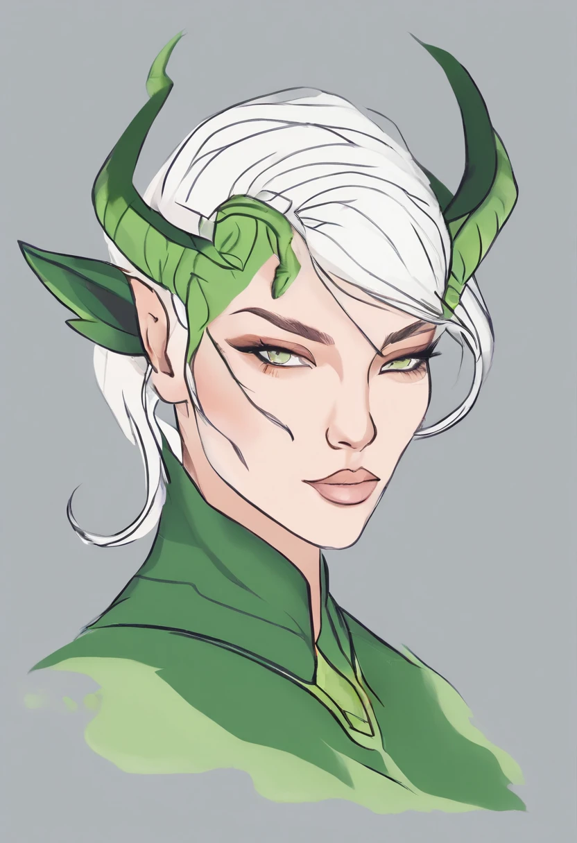 hand drawn sketch illustration of a beautiful tiefling with white hair, green eyes, symmetrical dragon horns, illustration, watercolor sketch, (best quality)), intricate detailed,
