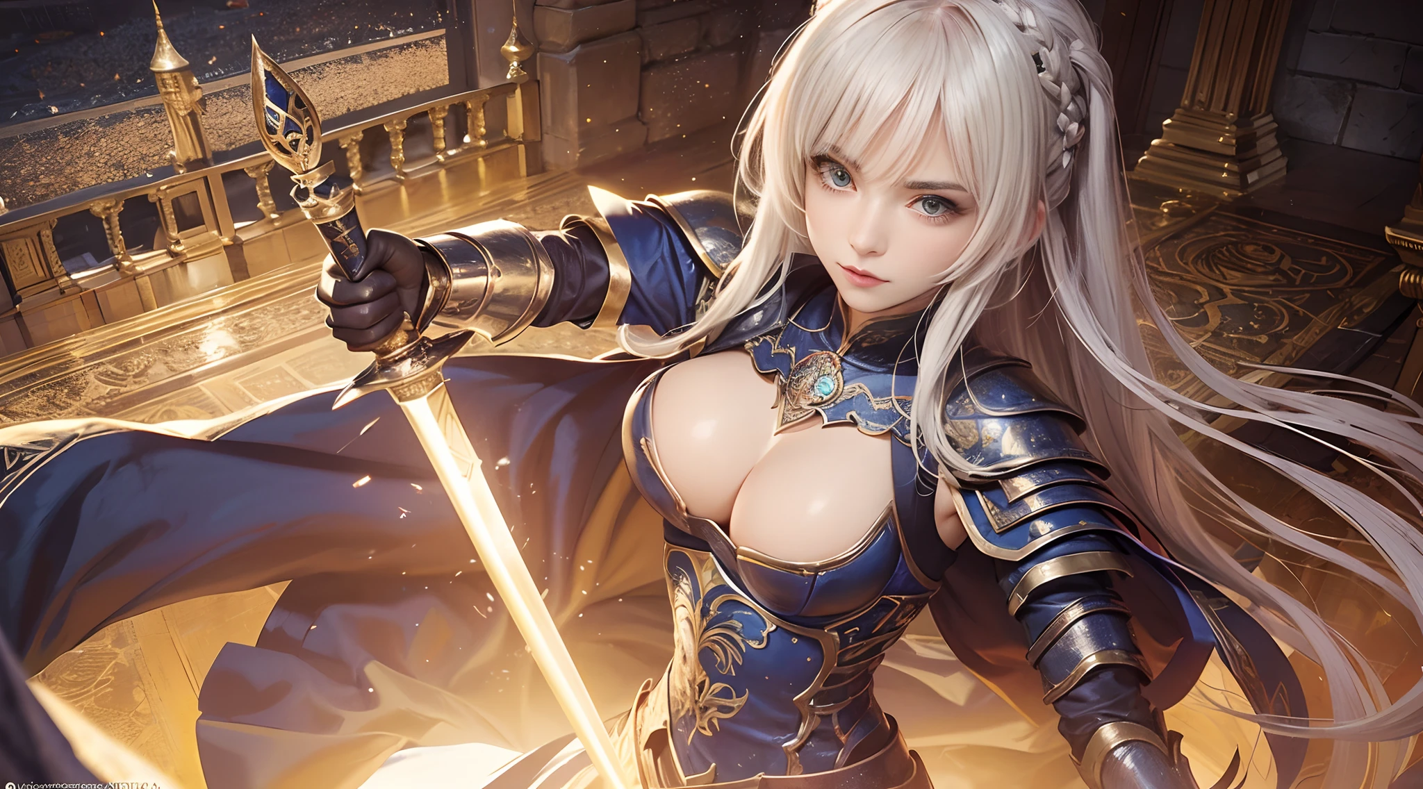 tmasterpiece,top-quality,best qualityer,((photorealestic:1.9)),(femele:1.4),(Large breasts),warrioress,Heavy armor,complex patterns,The background is the castle,dramatics,(magia:1.8),(Glowing sword:1.5),Mysterious symbol