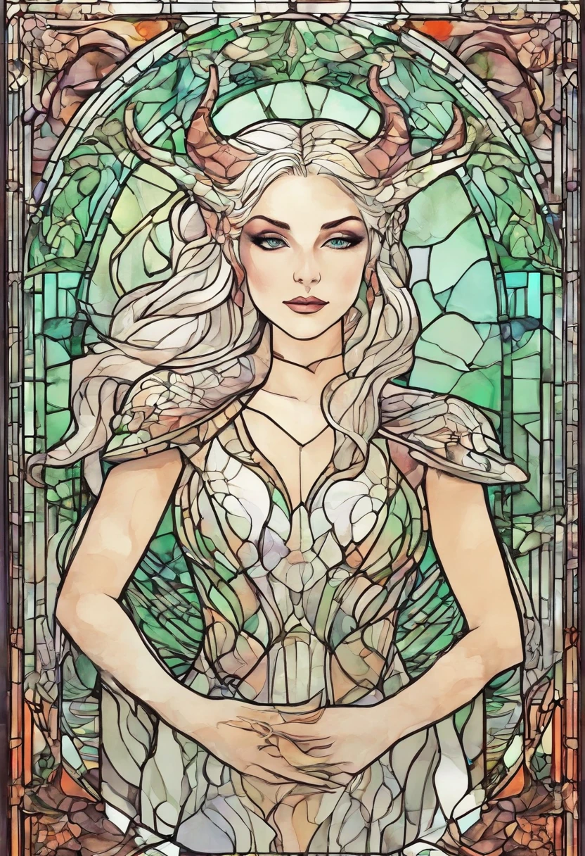 hand drawn sketch illustration of a beautiful tiefling with white hair, green eyes, symmetrical dragon horns, illustration, watercolor sketch, (best quality)), intricate detailed,