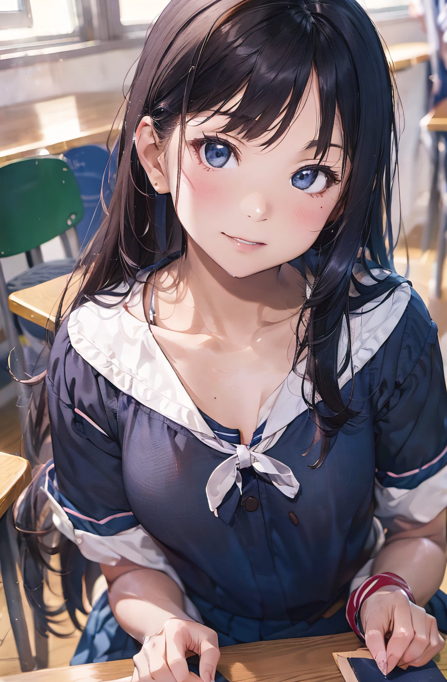absurdres, RAW photo, extremely delicate and beautiful, masterpiece, Best Quality, ultra high resolution, 32k, hyperrealistic, ultra-detailed, perfect figure, in her 20s, very small head, very small face, delicate facial features, tearful mole, earring, huge breasts, legs, full body shot, medium hair, black hair, Colored inner hair, sweat, school_uniform,