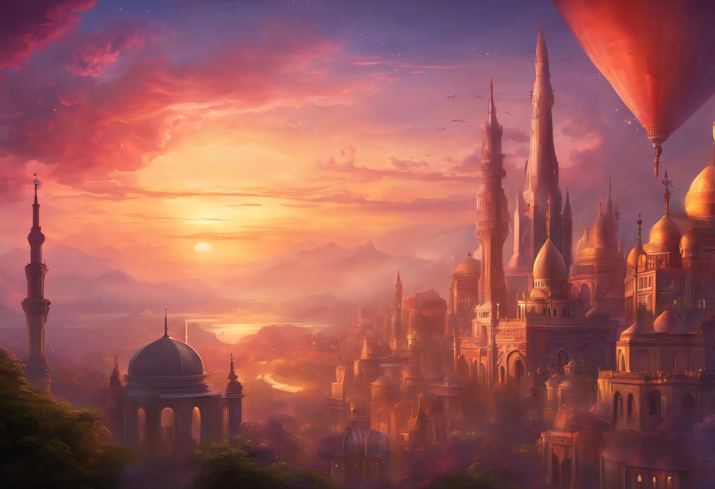 a skyline picture at dawn of a multi religious city, there are many buildings, standing above them are holy building to several places of religious worships, a (catholic church: 1.2), a (Mosque: 1.2), a (Synagogue: 1.2), sunrays, few light clouds, divine rays, sky in various shades of red, orange and purple, sense of divinity, ultra best realistic, best details, best quality, 16k, [ultra detailed], masterpiece, best quality, (extremely detailed), ultra wide shot, photorealism, depth of field, hyper realistic