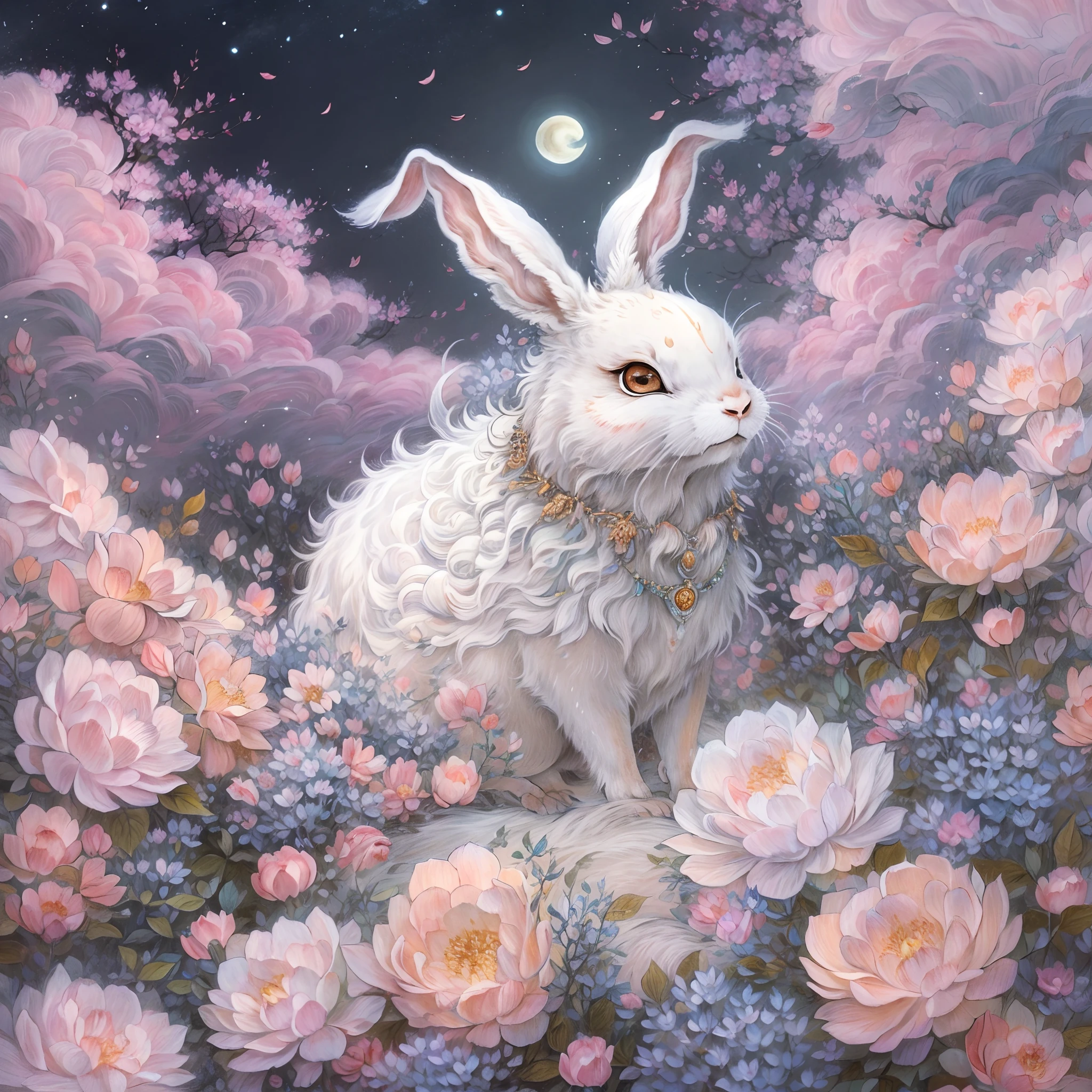 Yamazawa， themoon， Clouds， Skysky， Smart rabbit，painting of a（curly）， natta， jewely， Traditional media， fresh flowers， high high quality，Romantic。