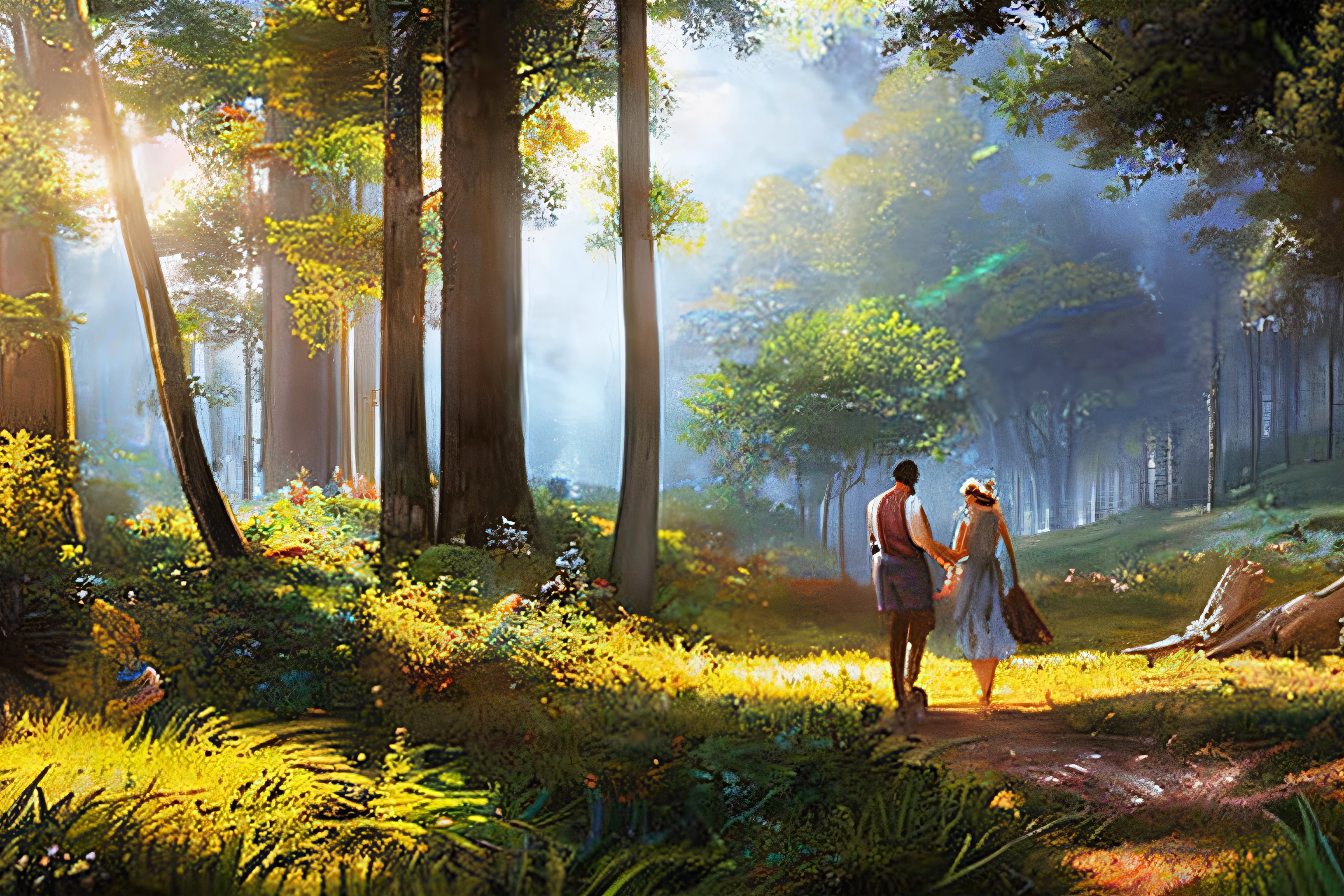 scene of a clouds, 3 people, bustling forest, great big storm, sunlight, glow, scenery concept art, overgrowth. by Renoir , relaxing concept art, traditional classic concept art, a beautiful artwork illustration. high detail, background art, detailed concept art, environment design illustration, concept art highly detailed