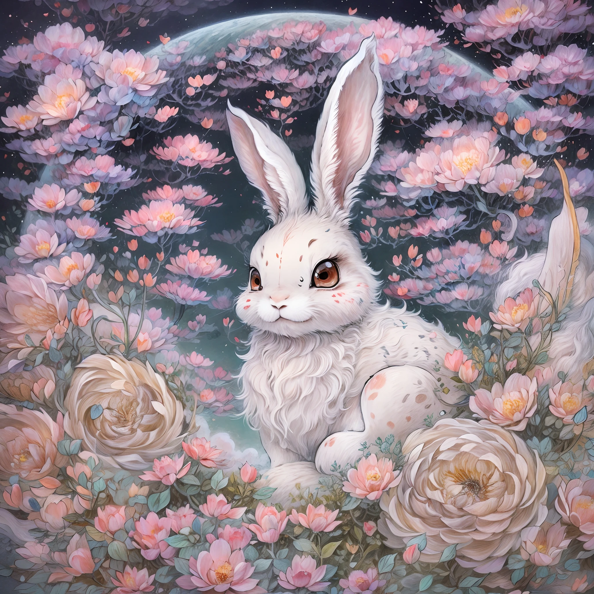 Yamazawa， themoon， Clouds， Skysky， Smart rabbit，painting of a（curly）， natta， jewely， Traditional media， fresh flowers， high high quality，Romantic。