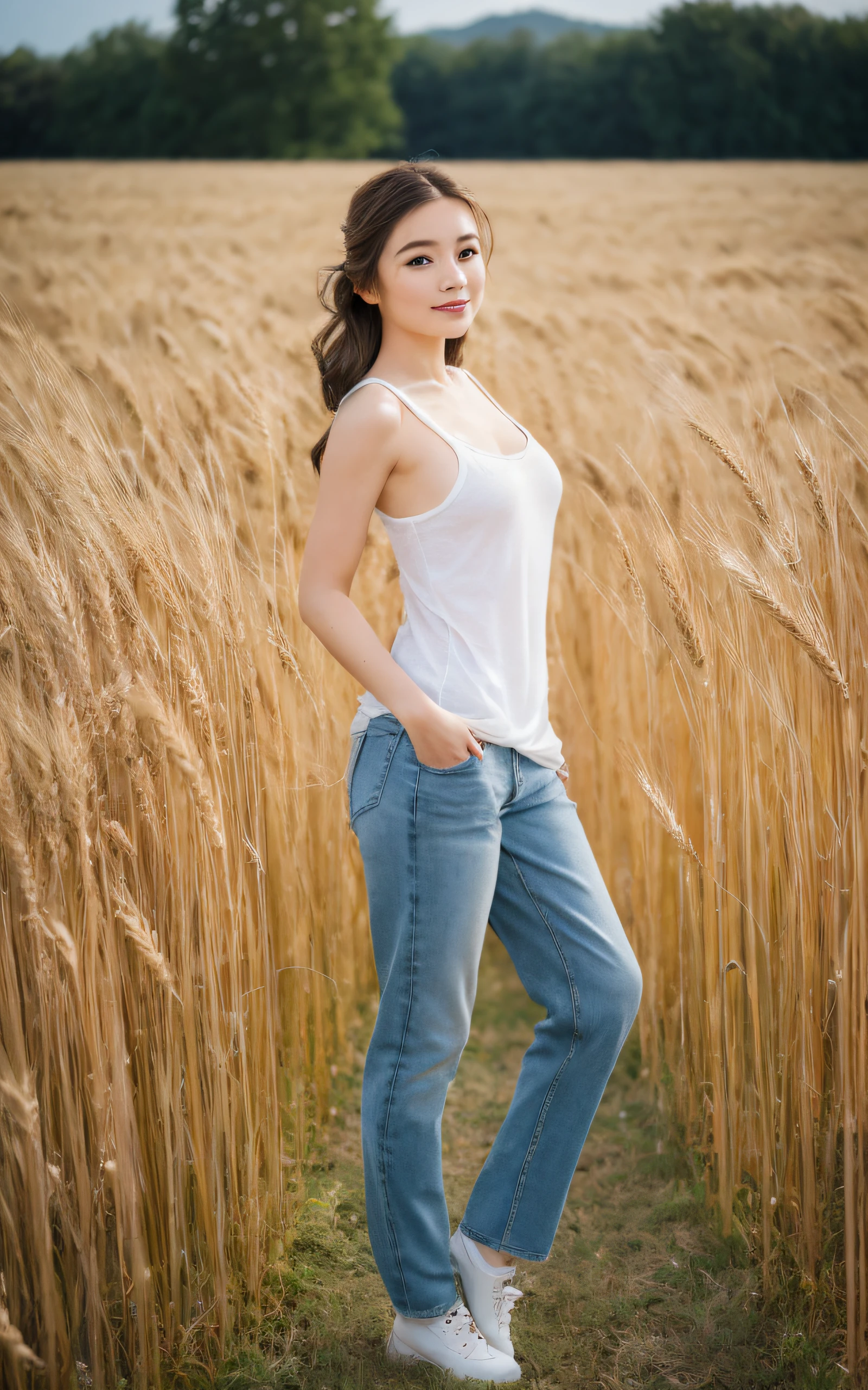 of the highest quality, Realistic, Perfect human body structure, Very detailed, Very delicate and beautiful, Raw photography, Rustic farm with rolling fields of golden wheat, Professional Lighting, Luminescent, depth of fields, Single focal length, ((Full body:1.5)), Smile, Brown hair, small head, Big breasts, , Beautiful eyes, Real Face, Realistic skin, Detailed eyes, (Fashionable hairstyle: 1.3), hposing Gravure Idol, Clothing appropriate for the location, absurderes、incredibly absurd res、Extremely fine,
