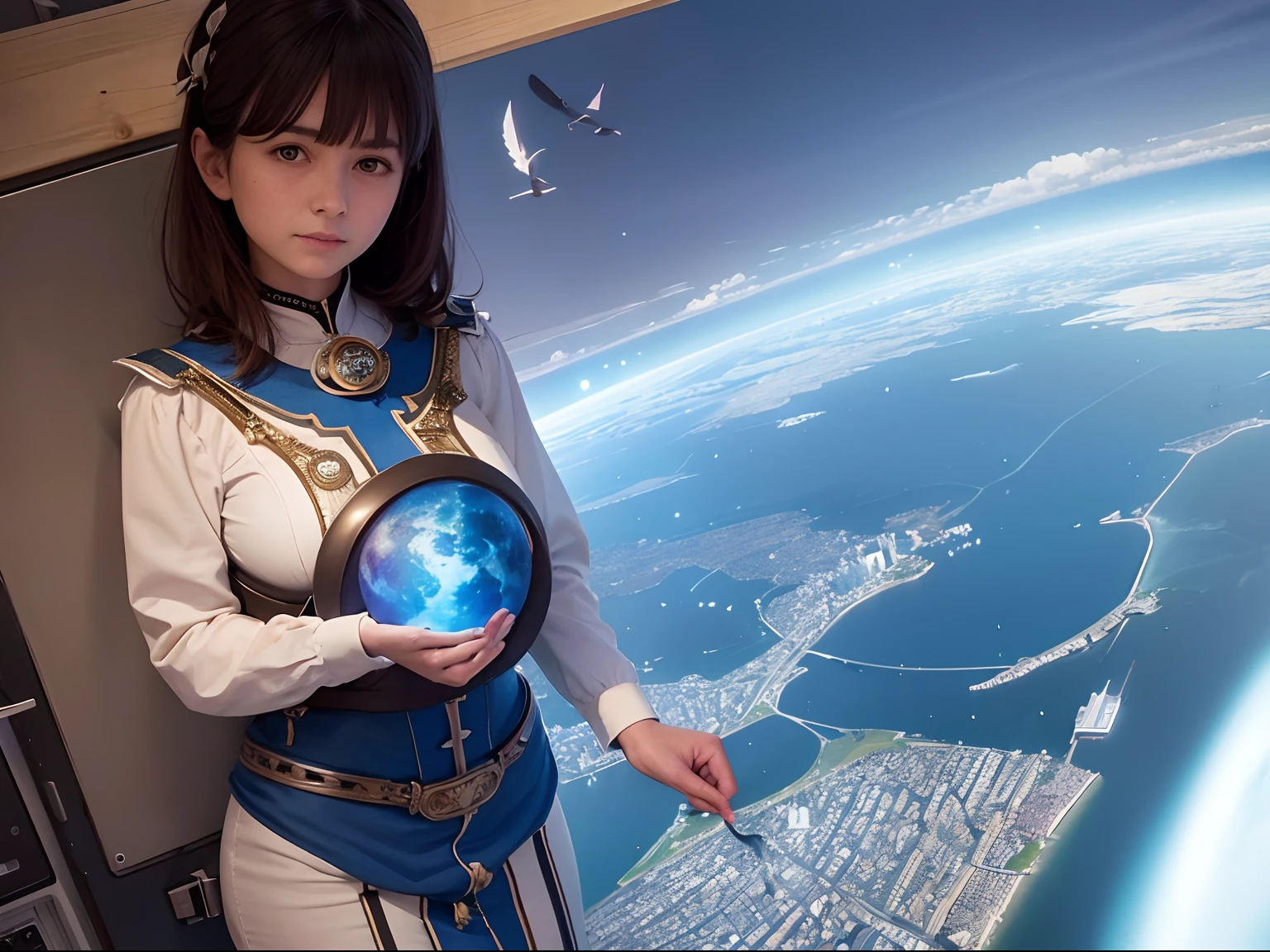 1 20 yo girl, Holding the blue planet in hand, Being in the air, Bird's eye view, sci fi city, There is glare,