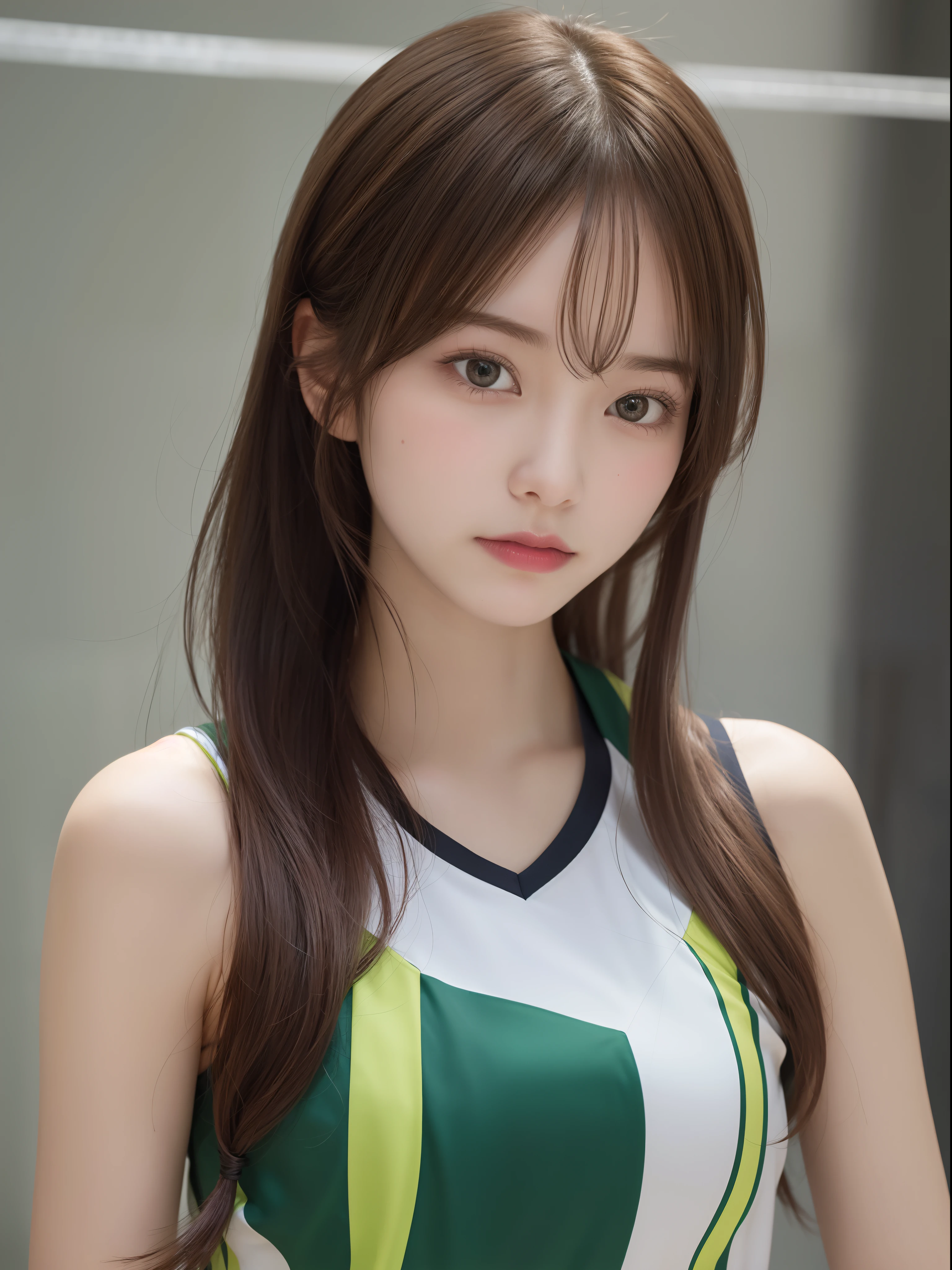 Shot at a venue where a volleyball match is being played。The model is、I am a volleyball player。 Modeled after a beautiful 20-something actress。
Realistic、Realistic and ultra-detailed finish、Create very elaborate CG Unity 8K wallpapers。
The model is slender and cute、Good Style、Green eyes、the nose is small、Small breast size。It also has a mature feel。
Her characteristics are、Hairstyle Up Styling、Trendy hair color with a slightly bright and soft。
The skin quality of the model is delicate、Pay attention to the fine details and softness of the hair。
Take a picture of your whole body。
Fashion style is、Wearing a volley ball uniform。