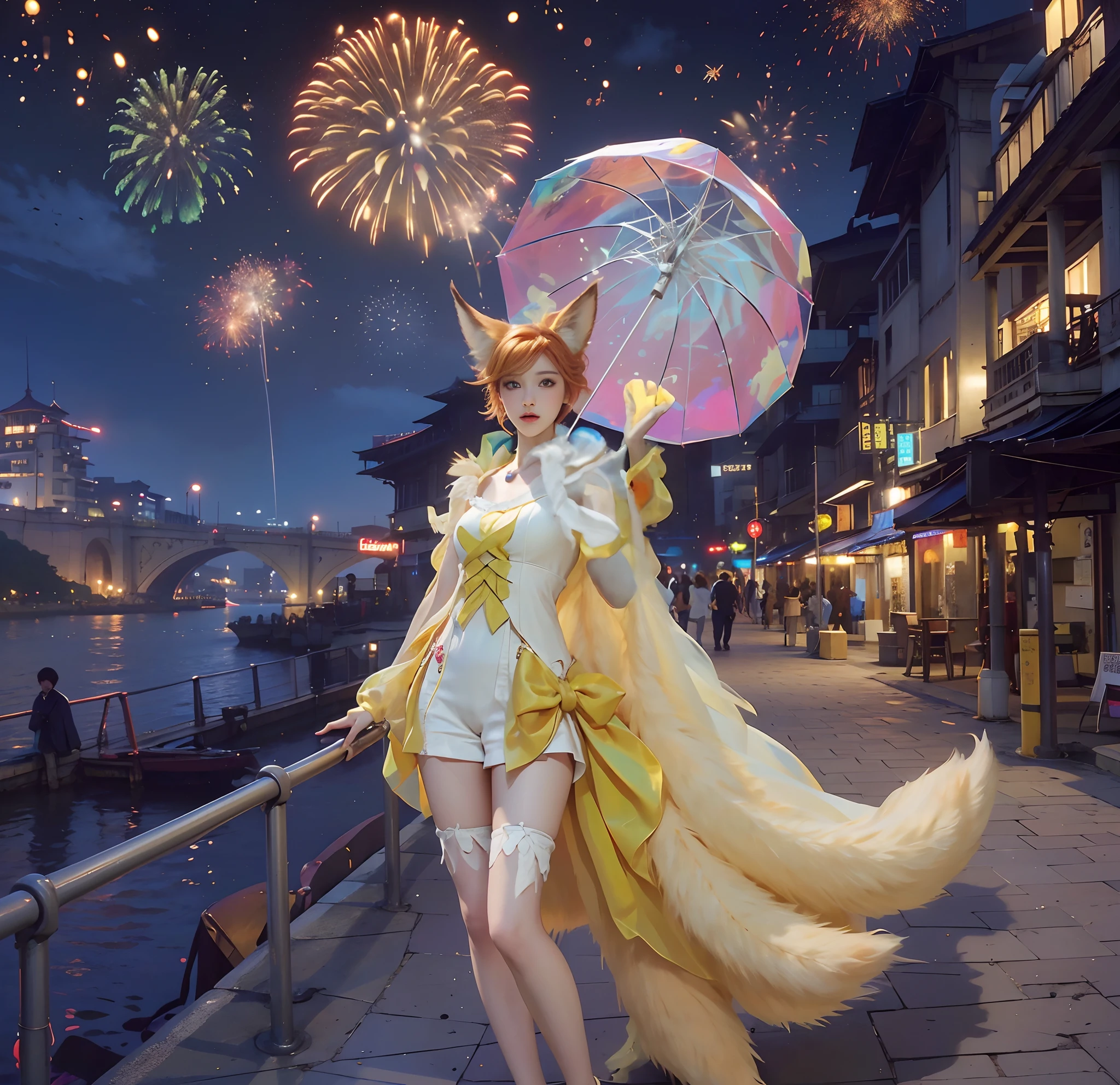 Fireworks light up rivers and bridges, anime landscape concept art, Makoto Shinkai. —h 2160, (Makoto Shinkai), Rio de Janeiro in animation, a street in China's bustling scenic area,8K, Best Quality, Masterpiece, Ultra High Definition, (Real: 1.4), Original image, (Realistic skin texture: 1.3), (Film grain: 1.3), (Selfie angle), (1 girl), (Short hair), (Orange hair), Beautiful eyes and limbs face detail, Masterpiece, Best quality, Close-up, (Fox ears, Has 3 fox tails, holds 1 umbrella)