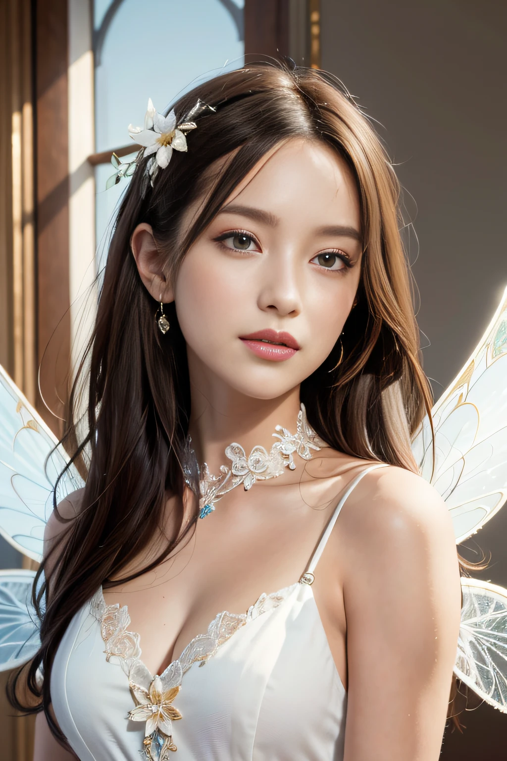 Masterpiece, Highest quality, (((Masterpiece))), (((Maximum level))), ((extra fine)), (illustration), ((Extremely delicate and beautiful)), Dynamic Angle, Floating, (Fairy wings: 1.4), (Beautiful detailed eyes), (Detailed light), (1 girl), Medium bust, Medium long hair, dark brown sparkling eyes, Dark brown hair, Bodycon dress, Natural, (Sunlight), (Painting), (Sketch), (flower), Slight smile, Pastel colors, full anatomy, Upper body, highly detailed beautiful face,