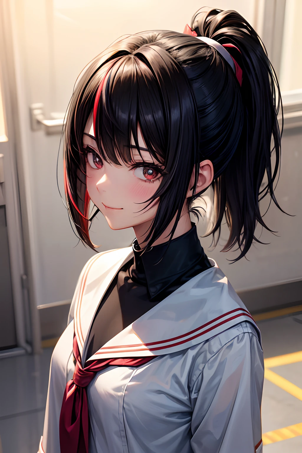 A lot of skin exposure, senior high school student, uniformed figure, streaked hair, hair behind ear, short hair, light smile, oral invitation, black hair, ponytail, anime, anime style, Genre painting, drop shadow, 4K, best quality, highres, award winning, super detail, textured skin, retina