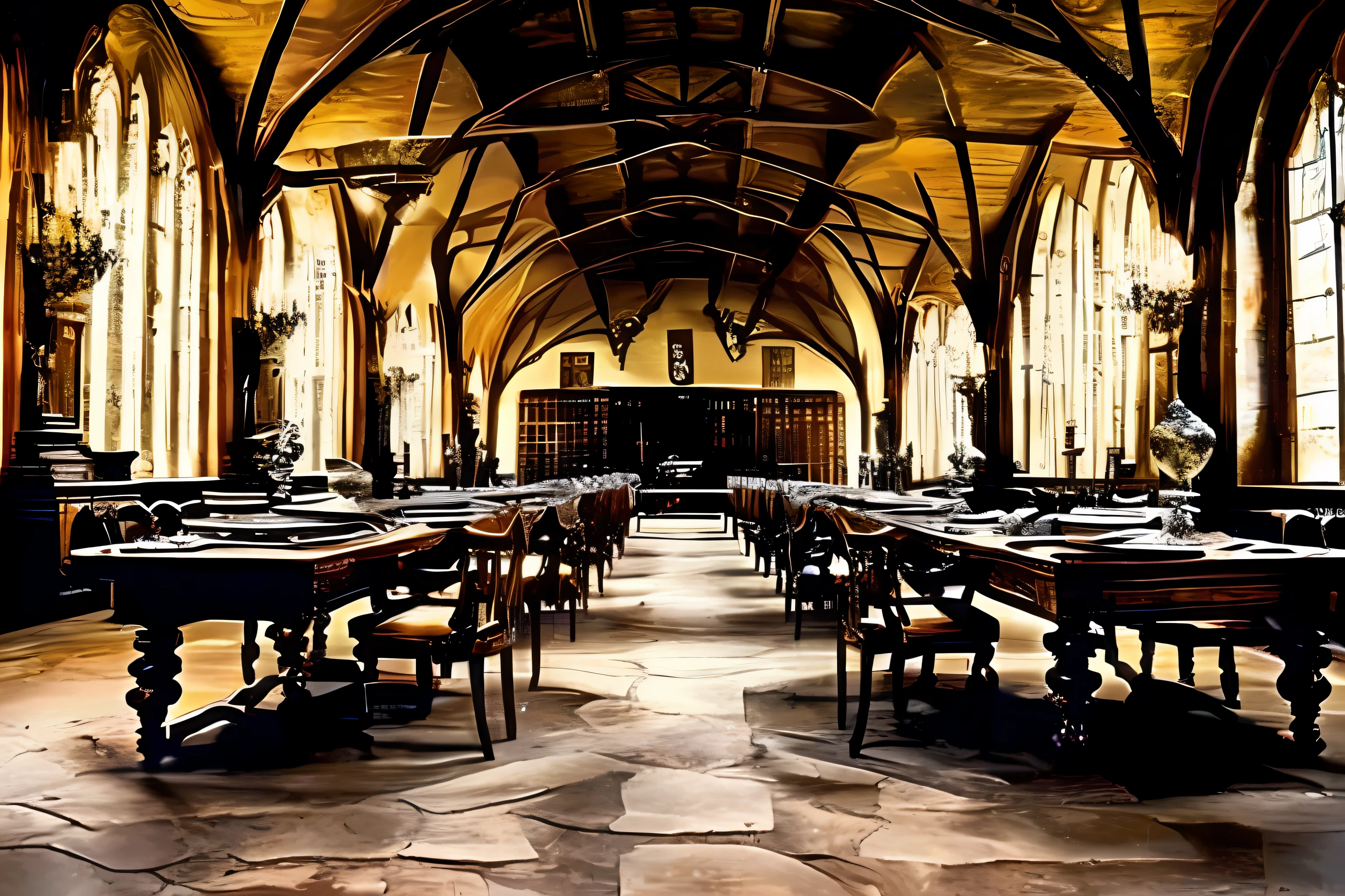 Harry Potter's Great Classroom of Magic,Ancient and mysterious,photorealestic,high-class,Old tables and chairs,A breath of magic,spacious,
