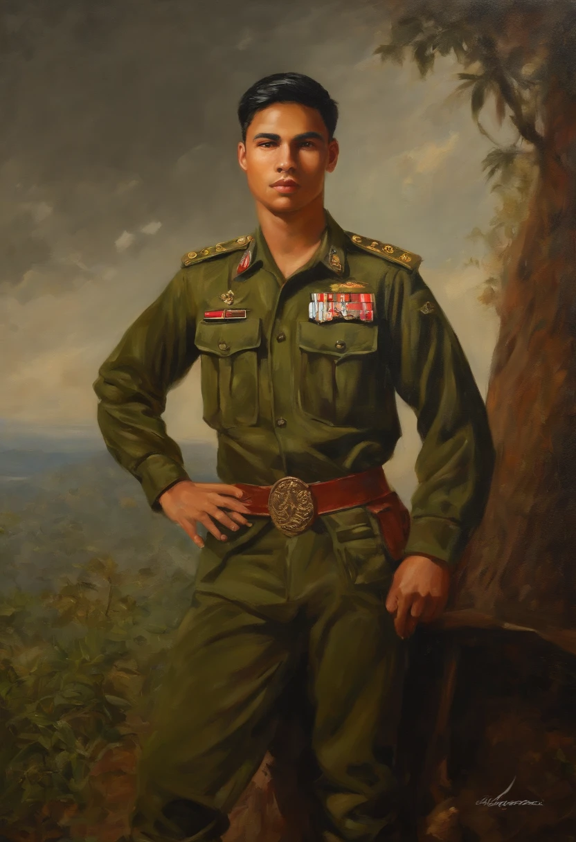 Young man in a Philippine military uniform, Позирование viva, ((Arthur-Adams style)), Palette knife-oil painting, Detailed Illustration, ((Best Quality, tmasterpiece)), Extreme detailing, 8K