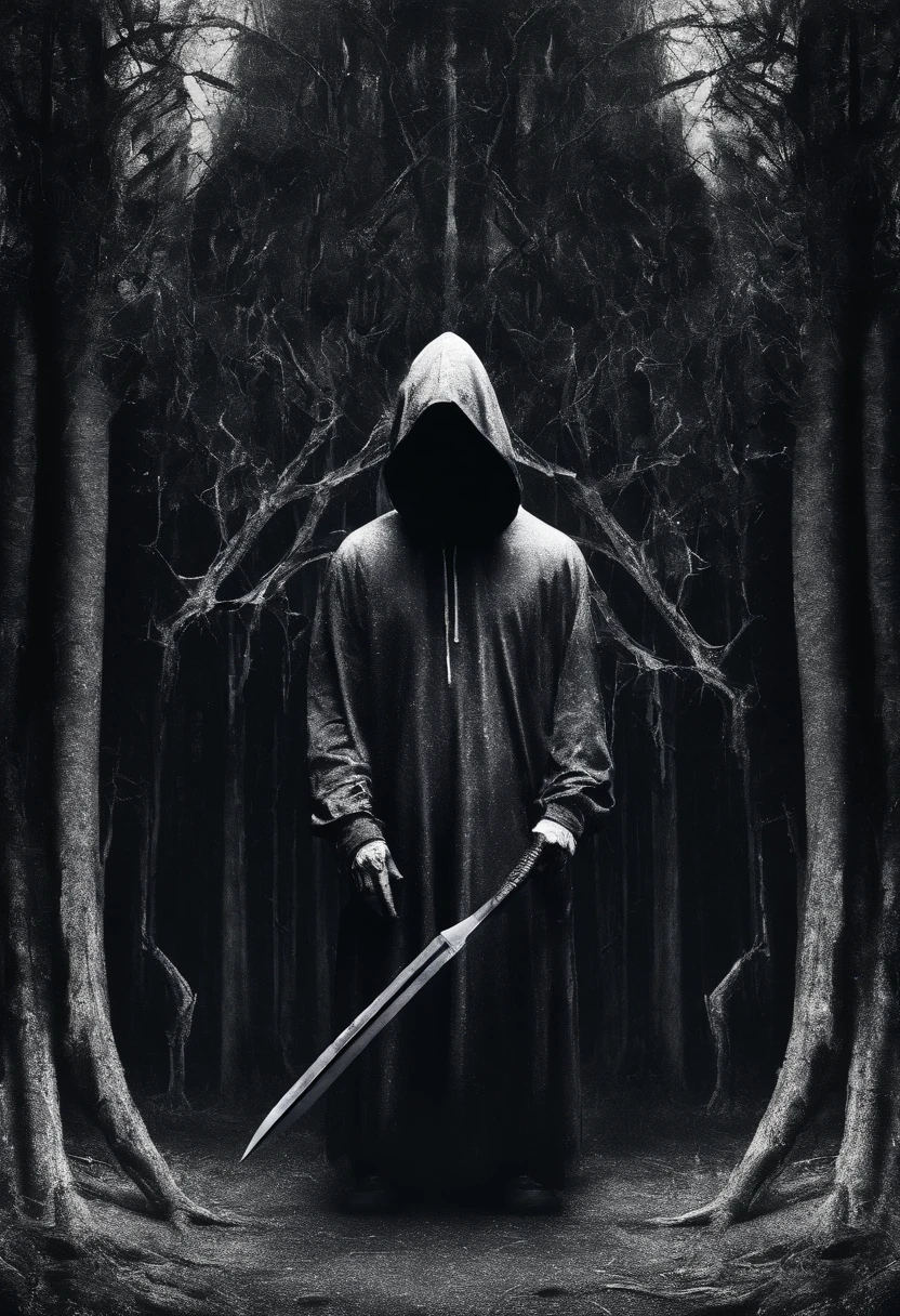 Silhueta de homem vestido todo de preto, wearing a hoodie and a macabre and old wolf mask, in one hand he holds a knife. In the background a forest with tall, black trees. estranho, assustador, Pesadelo, cores muito brilhantes, light particles, com luz brilhante, Mshiff, Arte do papel de parede, Papel de parede UHD