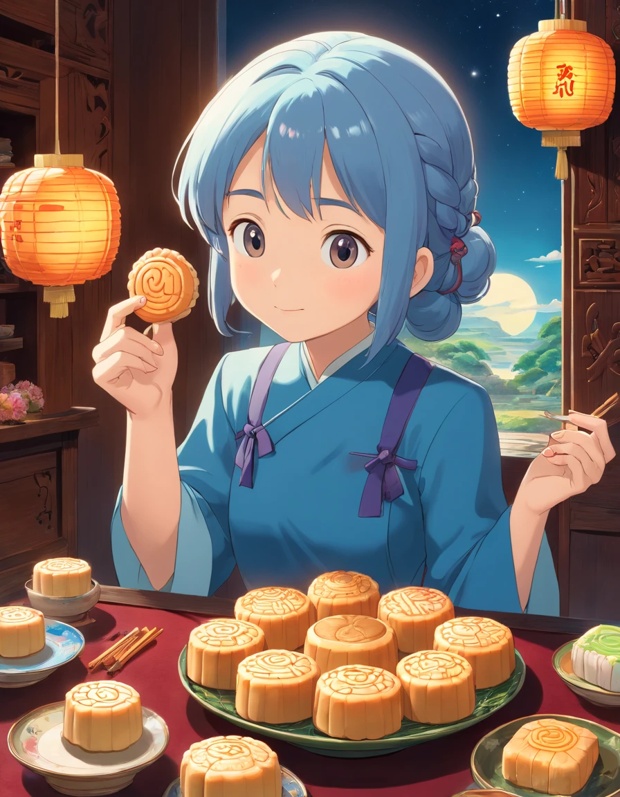 Delicious mooncakes,cinematic ligh,professional photoshooting,studio lit,studio context,advertisement photography,Complicated details,hyper-detailing,Ultra photo realsisim,8K UHD,Place on a blue and white porcelain plate,closeup cleavage