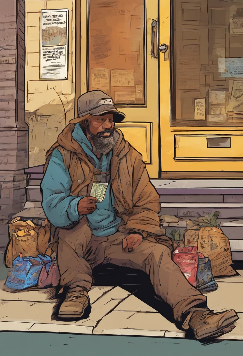 A homeless man sitting on the ground asking for money for a person on the street to buy a stick